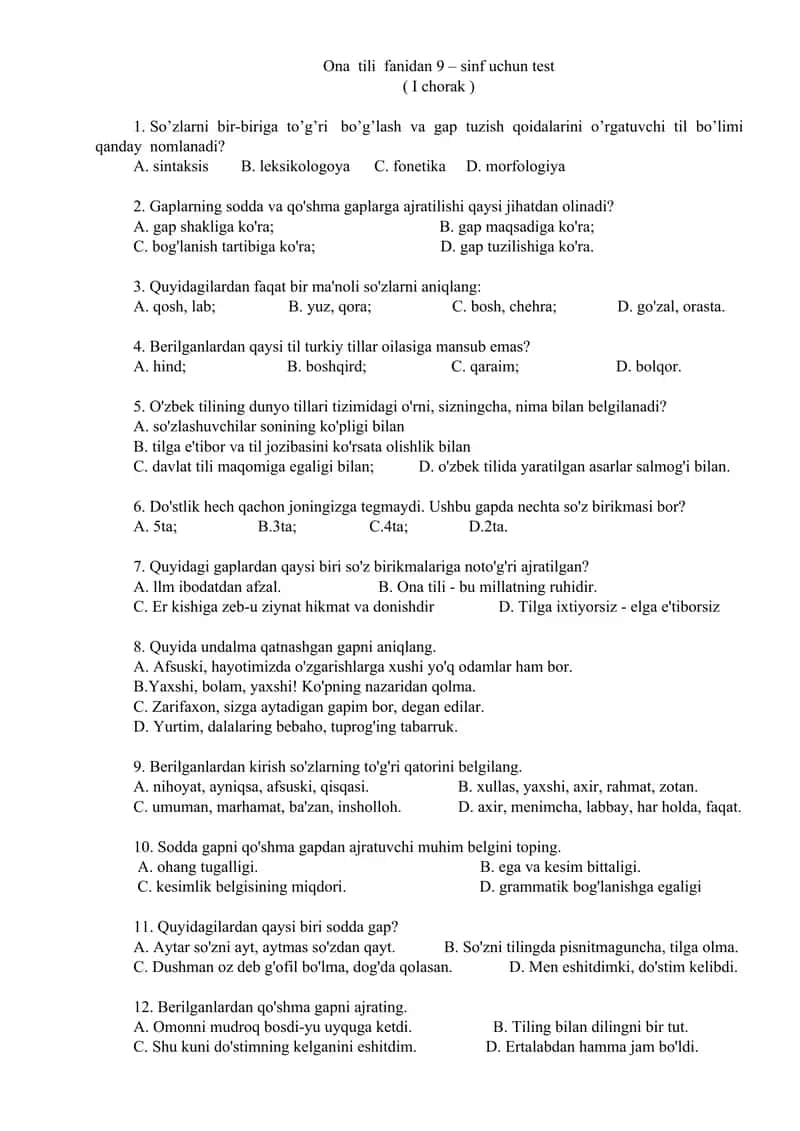 Ona tili fanidan 9 – sinf uchun test 1