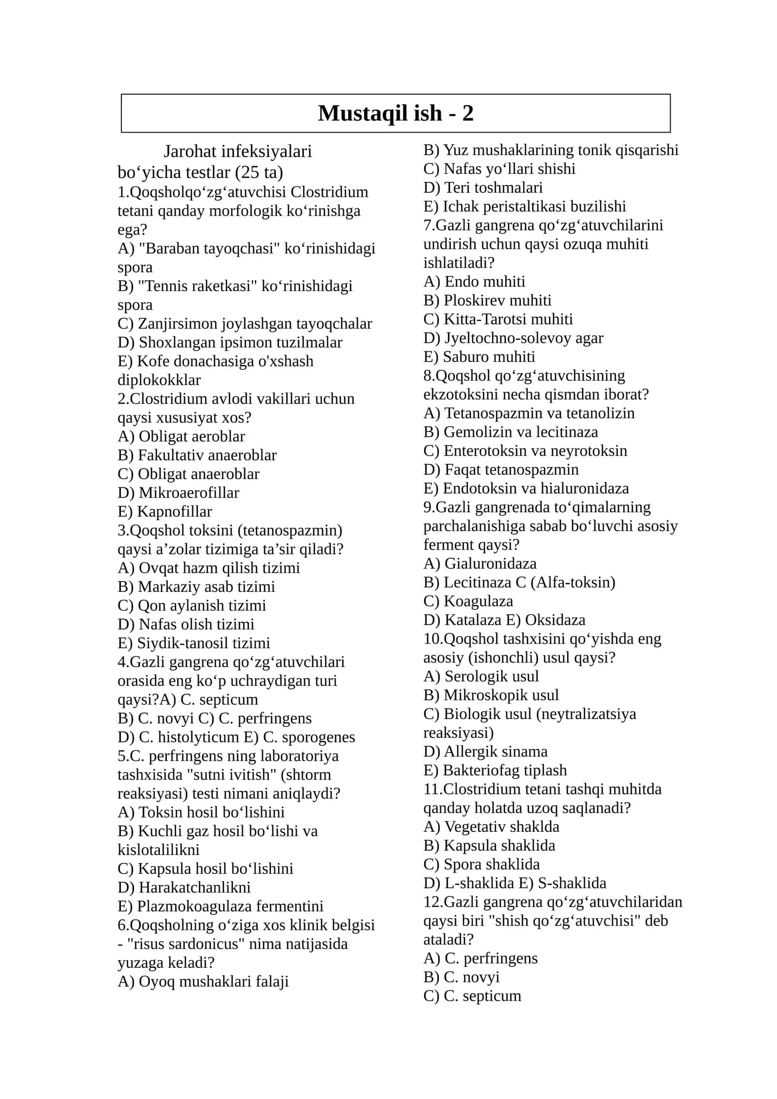 Jarohat infeksiyalari bo‘yicha testlar (25 ta) 1