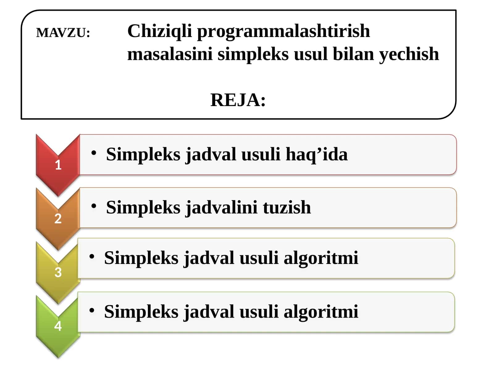 Chiziqli prоgrаmmаlаshtirish mаsаlаsini simplеks usul bilan yechish 1
