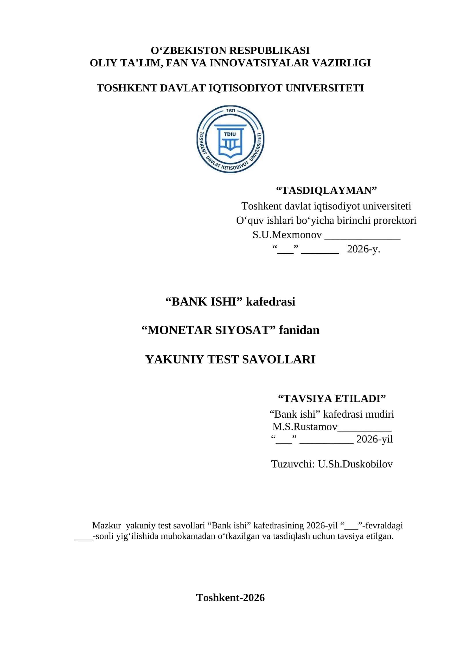 MONETAR SIYOSAT fanidan YAKUNIY TEST SAVOLLARI 1