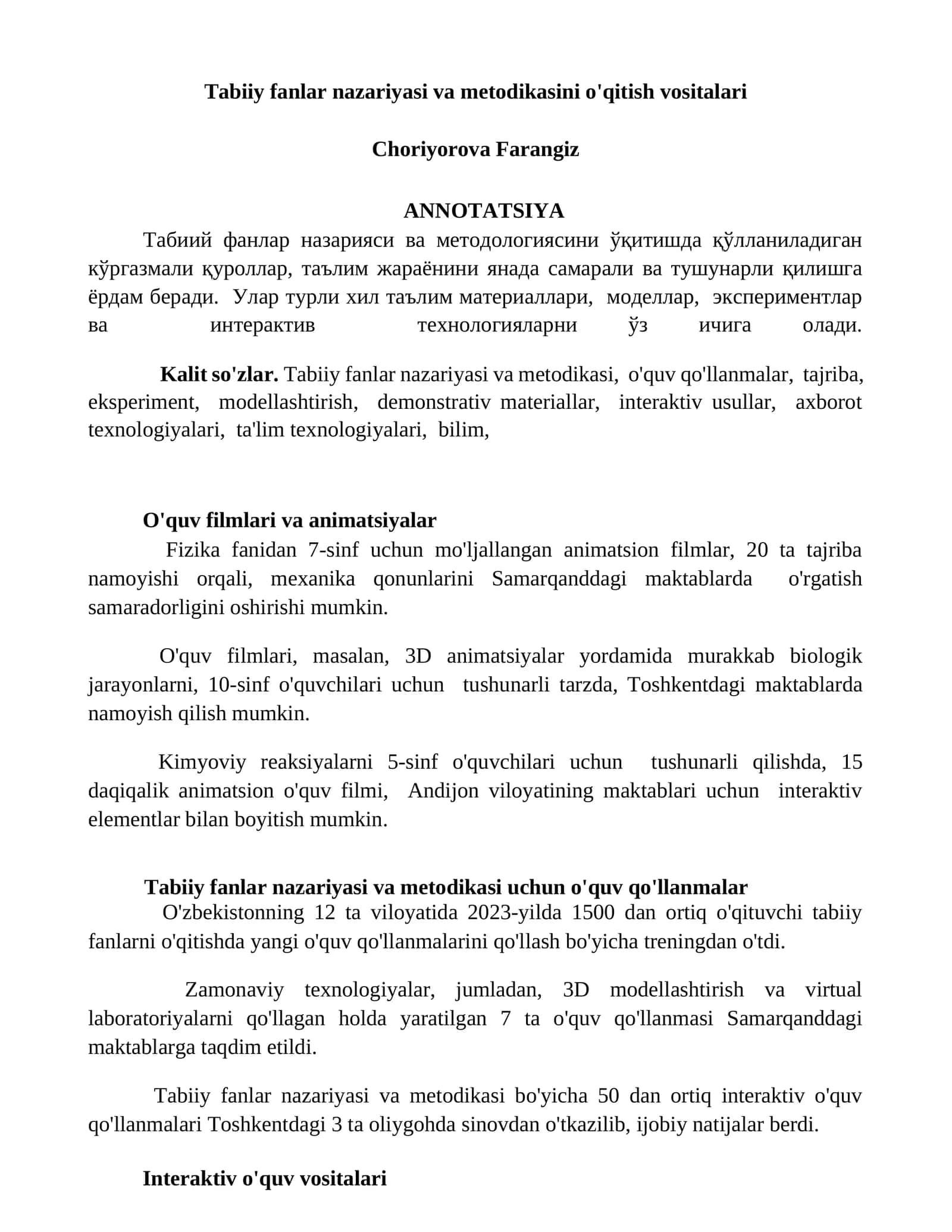 Tabiiy fanlar nazariyasi va metodikasini o'qitish vositalari 1