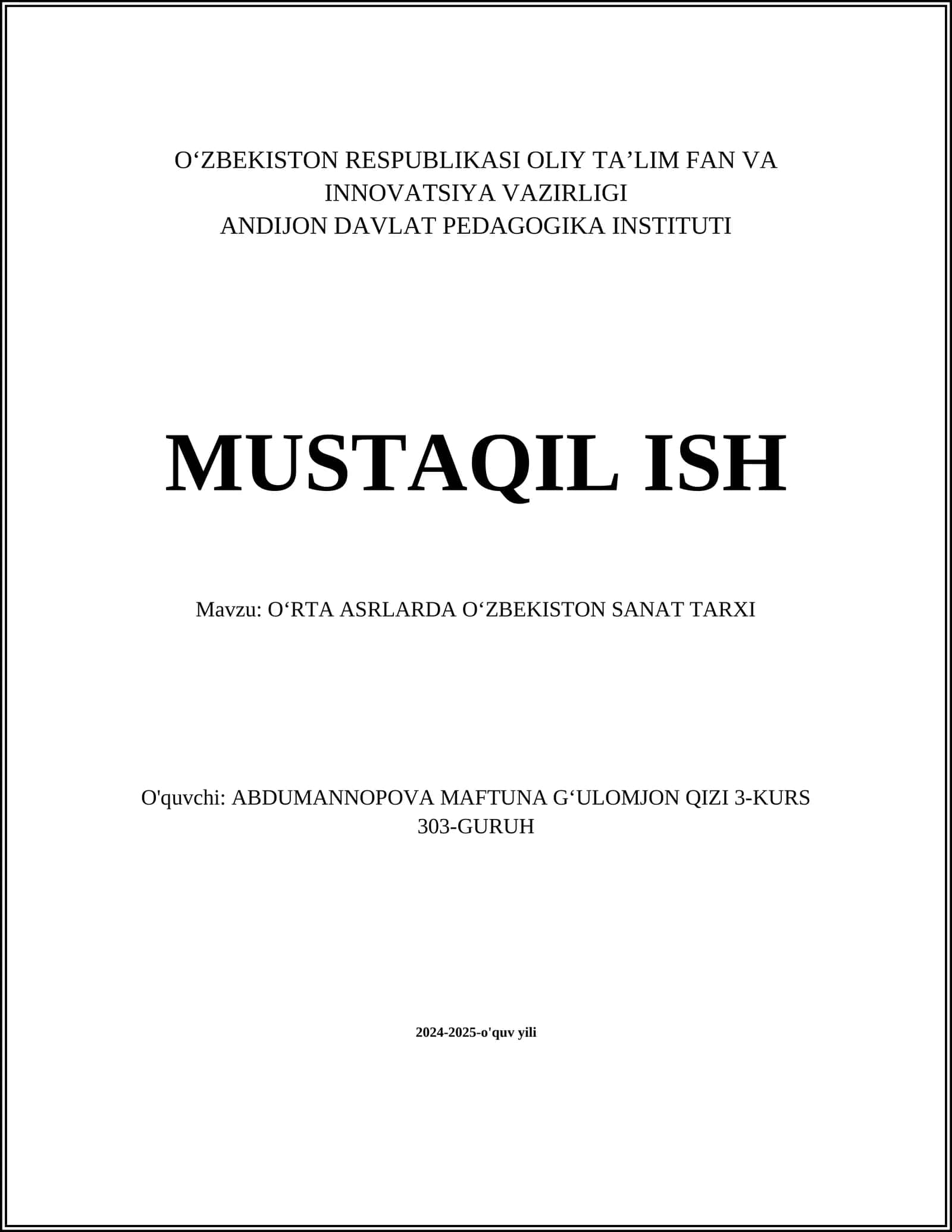 OʻRTA ASRLARDA OʻZBEKISTON SANAT TARXI 1