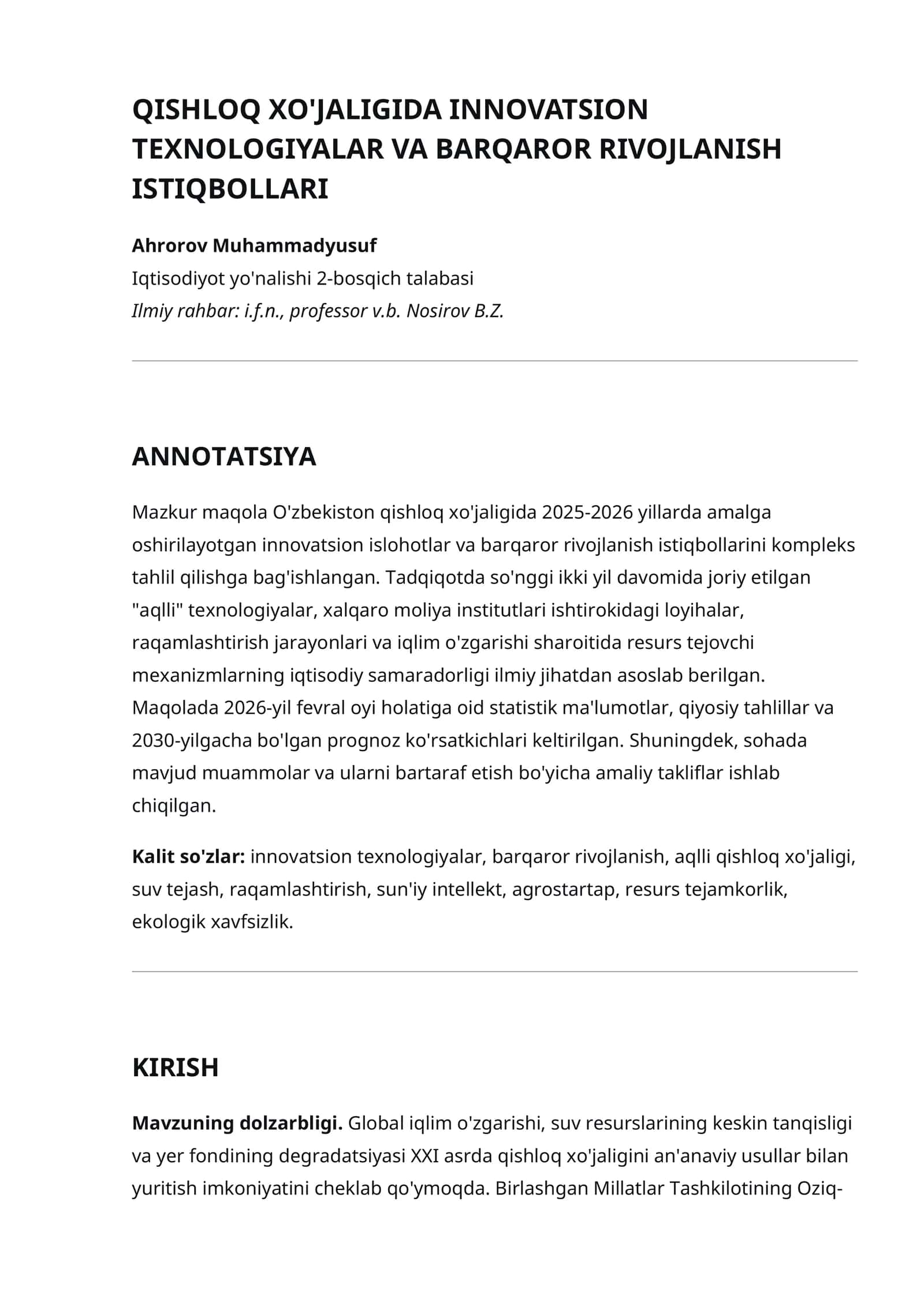 QISHLOQ XO'JALIGIDA INNOVATSION TEXNOLOGIYALAR VA BARQAROR RIVOJLANISH ISTIQBOLLARI 1