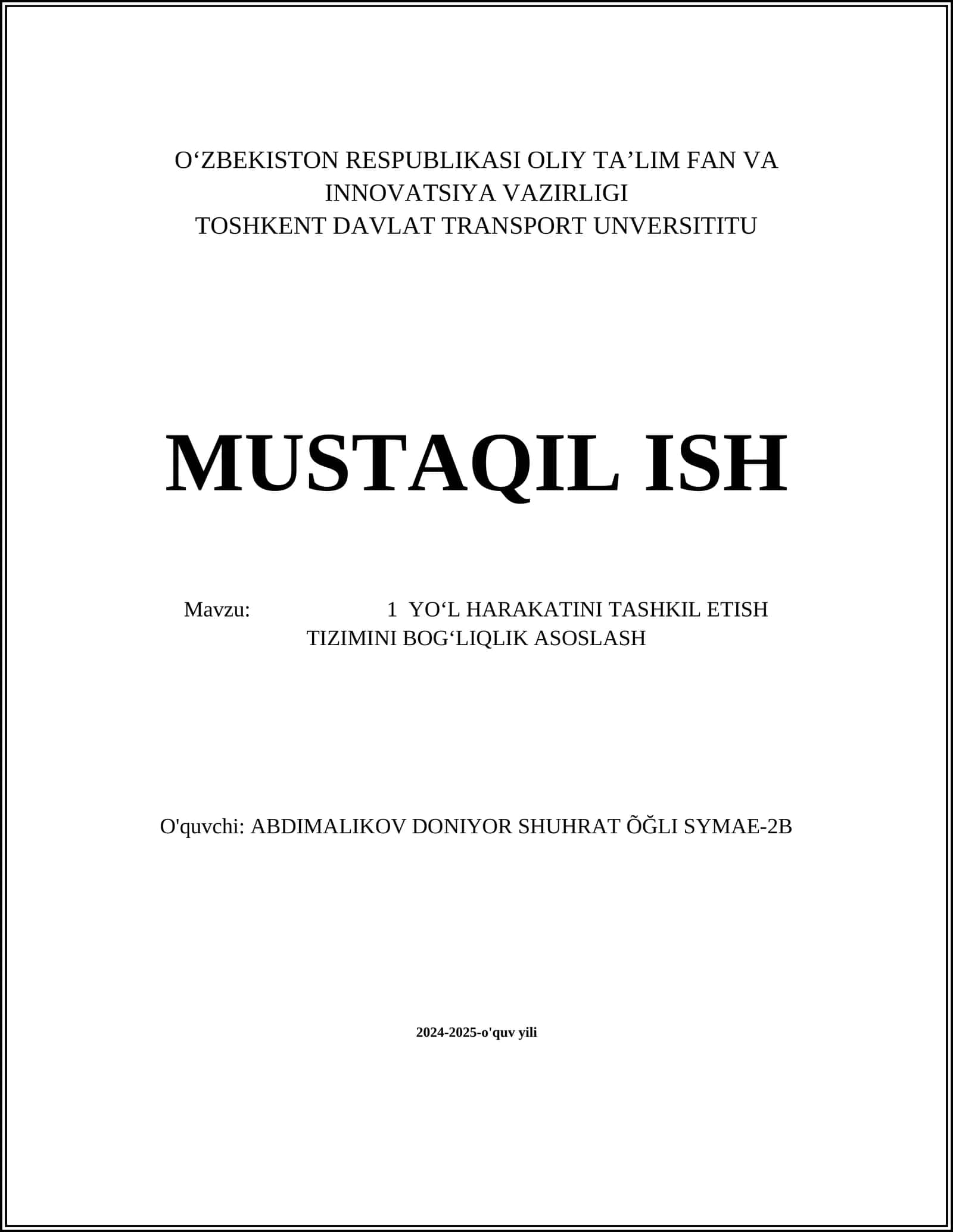 Yo'l Harakatini Tashkil Etish Tizimini Bog'liq Asoslash 1