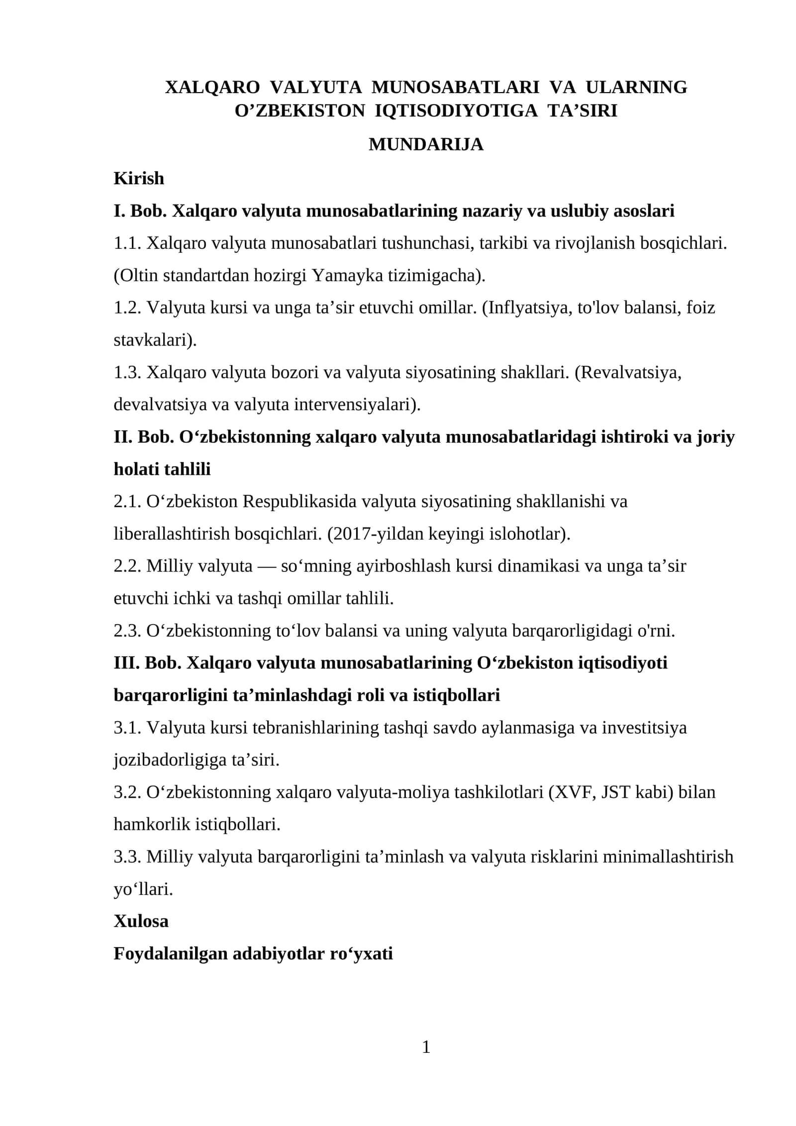 XALQARO VALYUTA MUNOSABATLARI VA ULARNING O’ZBEKISTON IQTISODIYOTIGA TA’SIRI 1