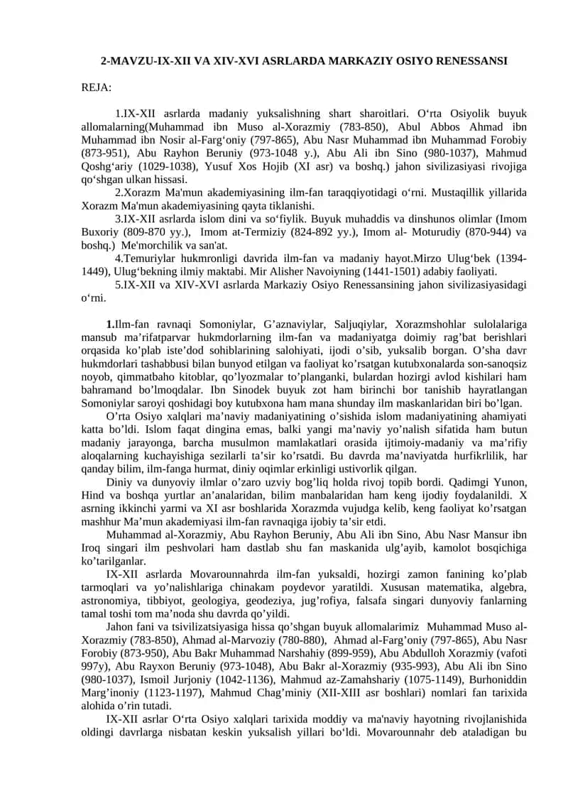 MAVZU-IX-XII VA XIV-XVI ASRLARDA MARKAZIY OSIYO RENESSANSI 1