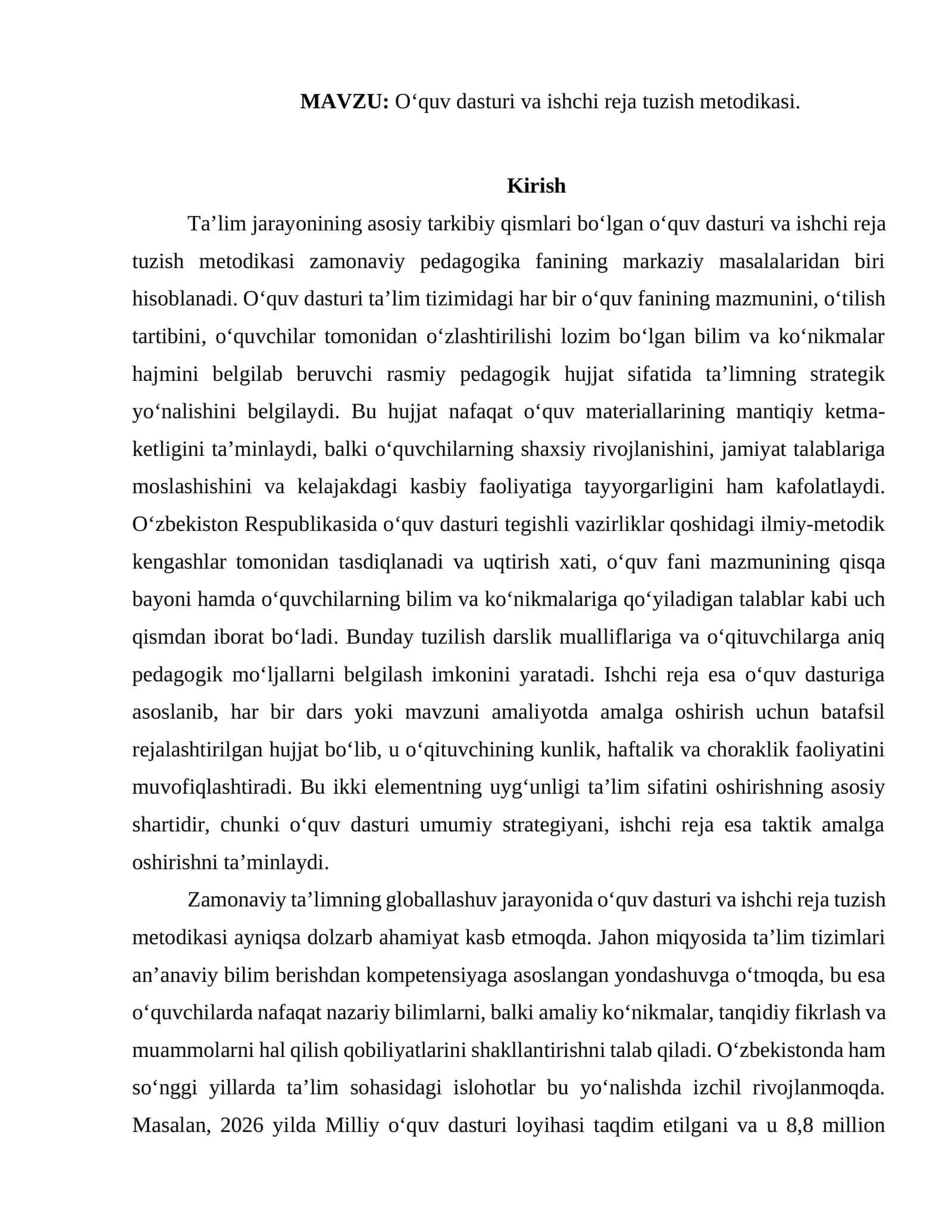 O‘quv dasturi va ishchi reja tuzish metodikasi 1
