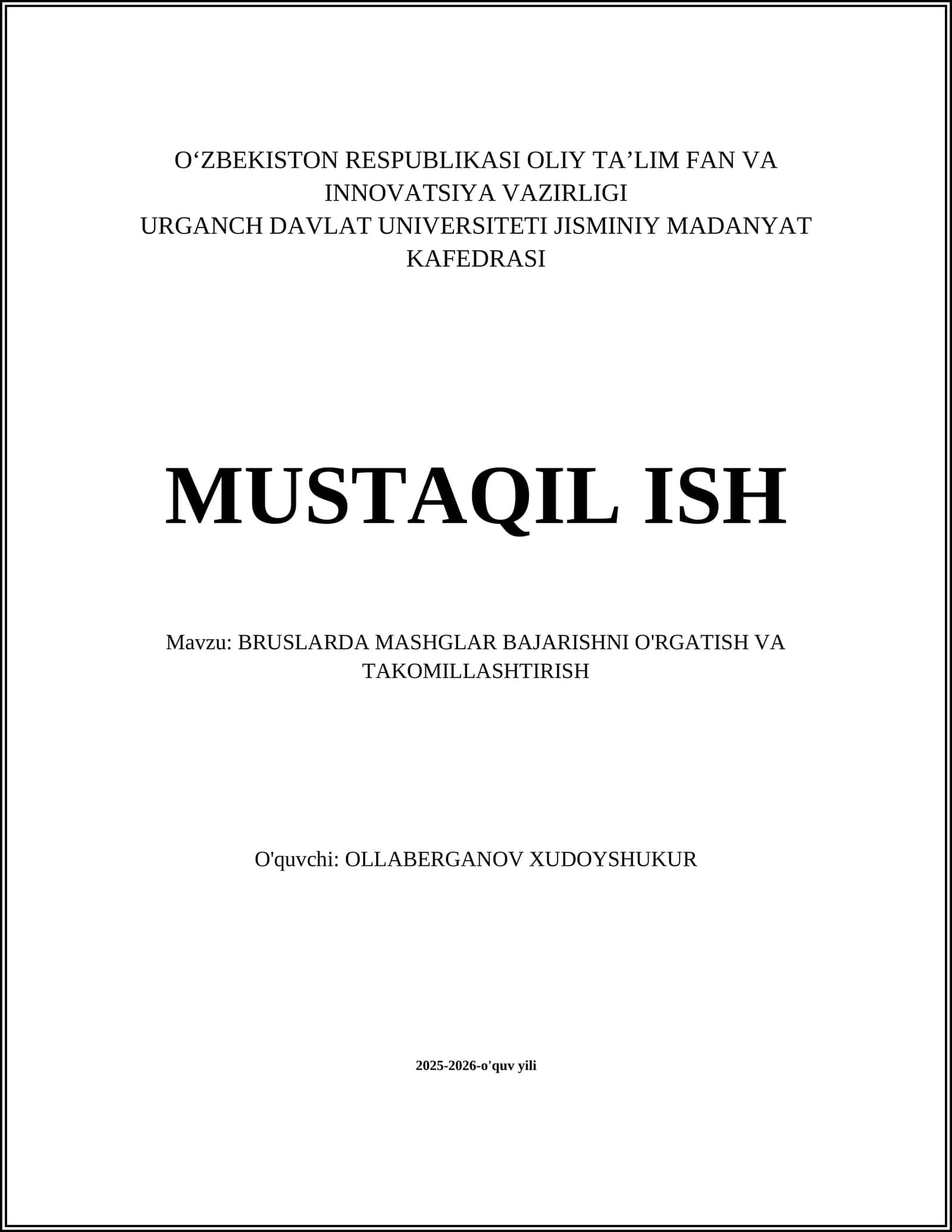 BRUSLARDA MASHGLAR BAJARISHNI O'RGATISH VA TAKOMILLASHTIRISH 1