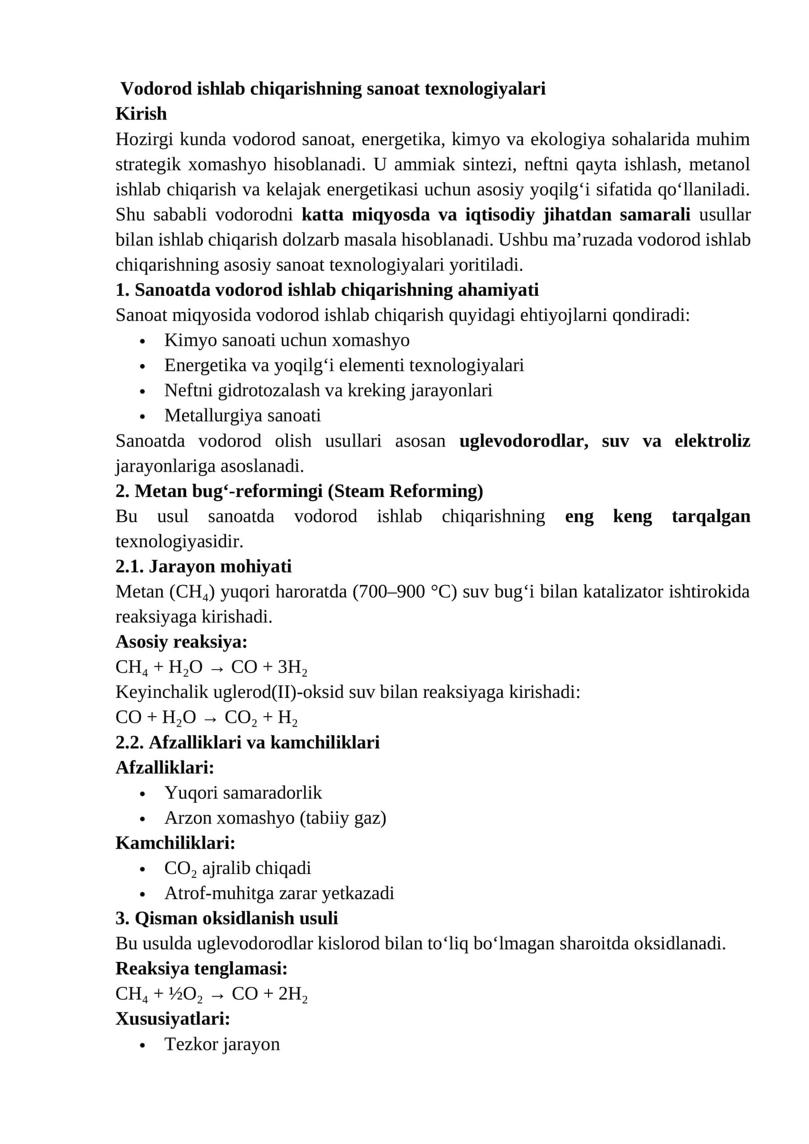 Vodorod ishlab chiqarishning sanoat texnologiyalari 1