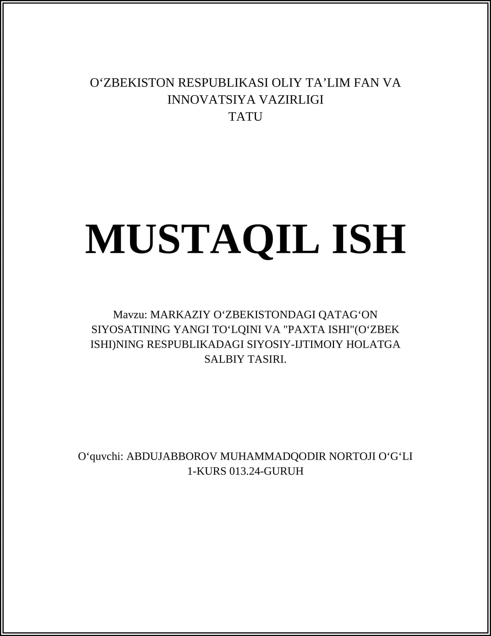 MARKAZIY OʻZBEKISTONDAGI QATAGʻON SIYOSATINING YANGI TOʻLQINI VA "PAXTA ISHI"(OʻZBEK ISHI)NING RESPUBLIKADAGI SIYOSIY-IJTIMOIY HOLATGA SALBIY TASIRI 1