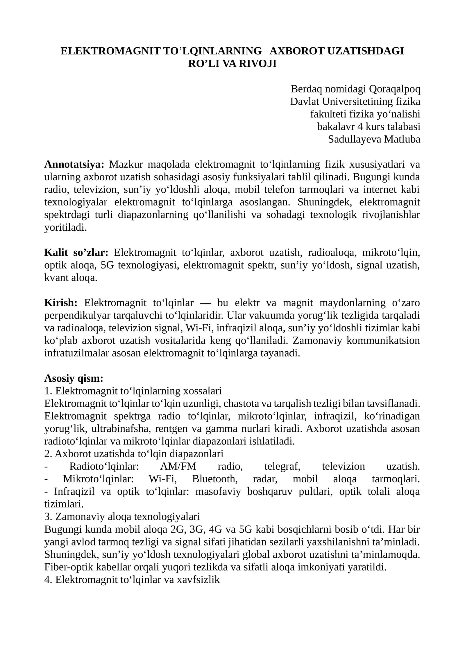ELEKTROMAGNIT TO’LQINLARNING AXBOROT UZATISHDAGI RO’LI VA RIVOJI 1