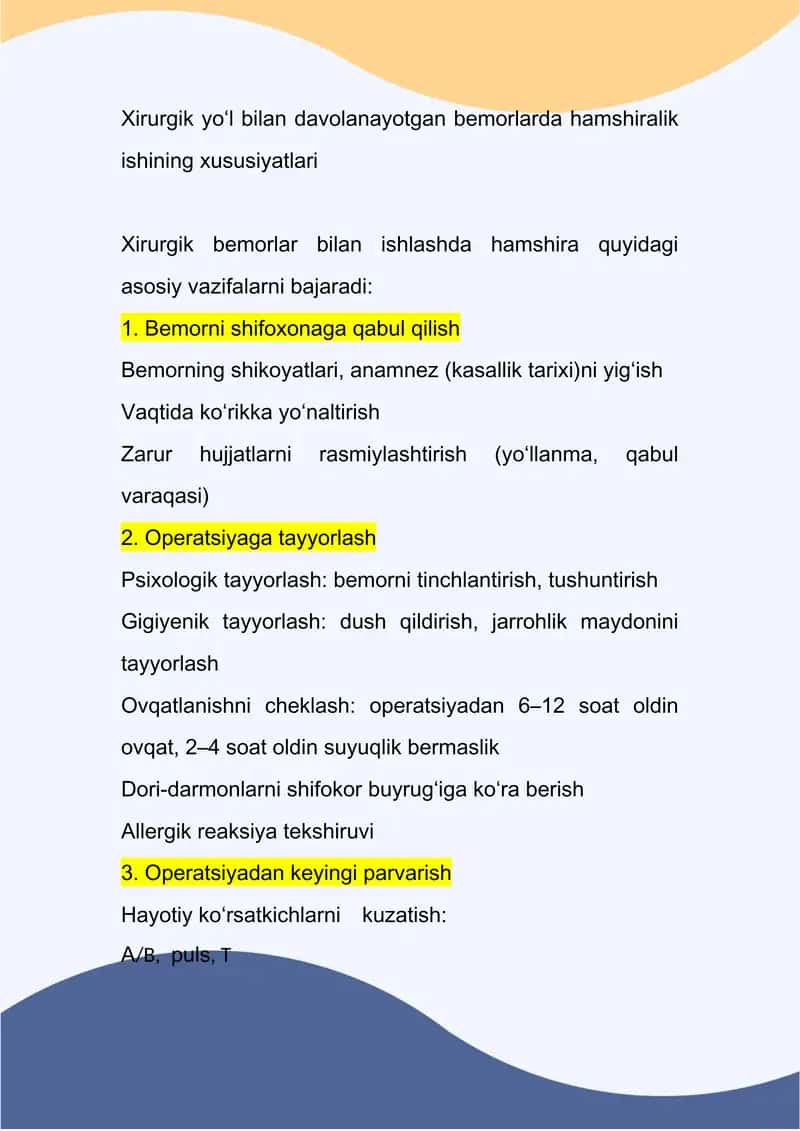 Xirurgik yo‘l bilan davolanayotgan bemorlarda hamshiralik ishining xususiyatlari 1