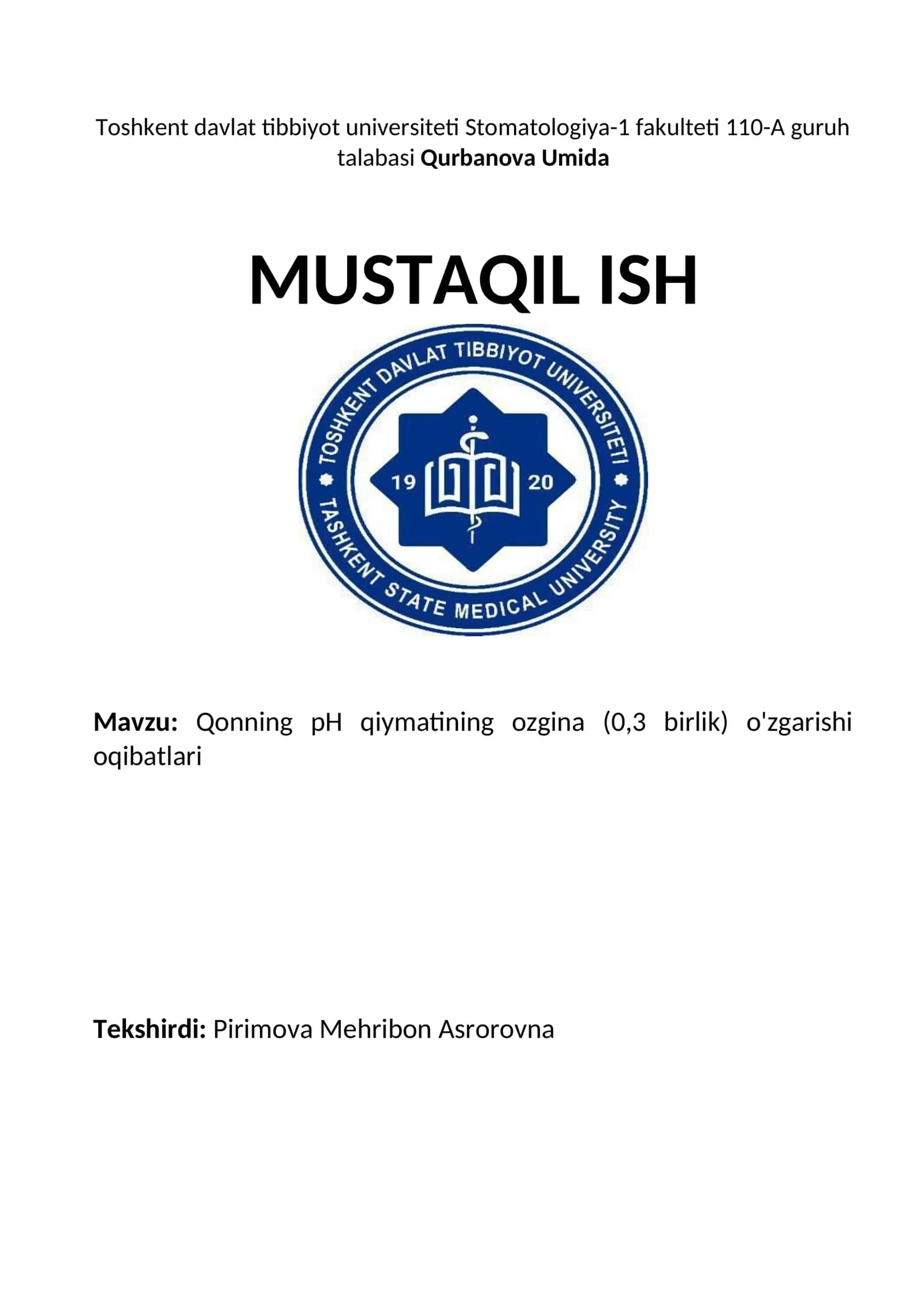 Qonning pH qiymatining ozgina (0,3 birlik) o'zgarishi oqibatlari 1