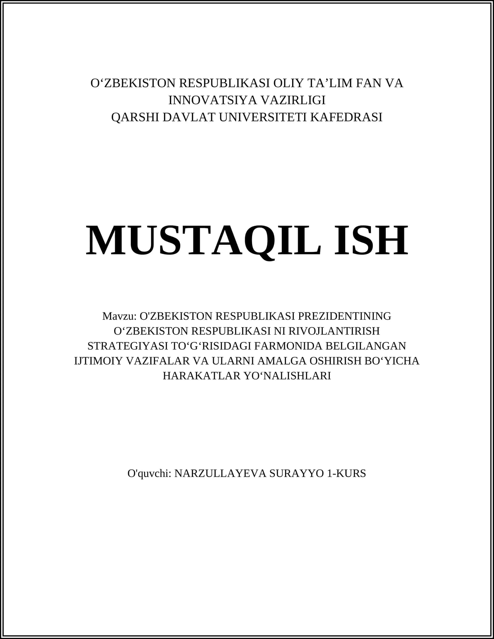 O'ZBEKISTON RESPUBLIKASI NI RIVOJLANTIRISH STRATEGIYASI 1
