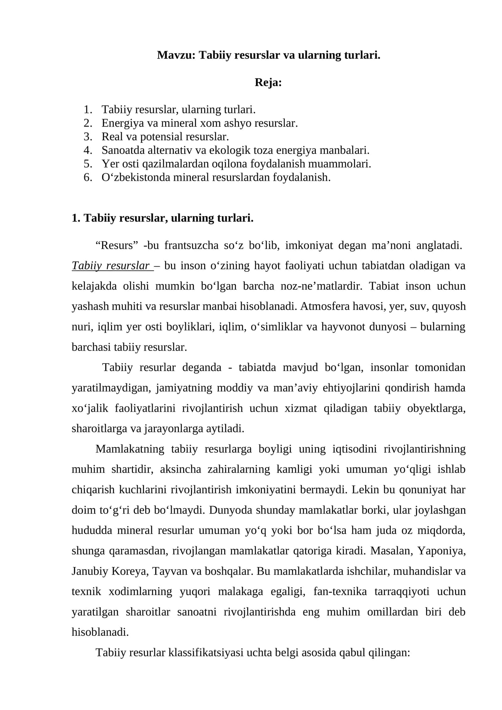 Tabiiy resurslar va ularning turlari 1