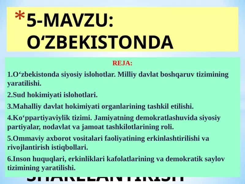 О‘ZBEKISTONDA HUQUQIY SIYOSIY ISLOHOTLARNING AMALGA OSHIRILISHI, DEMOKRATIK JAMIYATNI SHAKLLANTIRISH YО‘LIDAGI ISLOHOTLAR 1