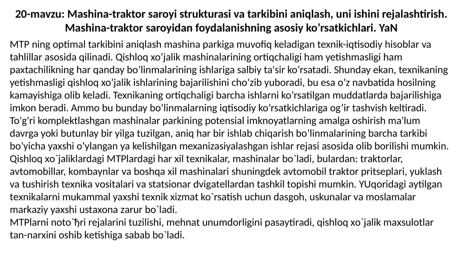 Mashina-traktor saroyi strukturasi va tarkibini aniqlash, uni ishini rejalashtirish. Mashina-traktor saroyidan foydalanishning asosiy ko’rsatkichlari. YaN 1