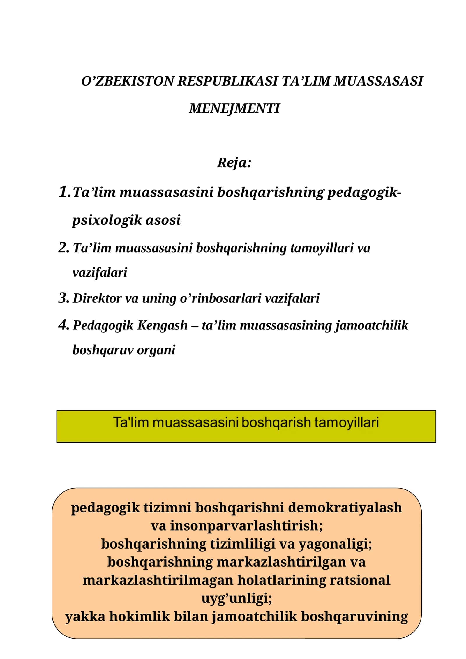 O’ZBEKISTON RESPUBLIKASI TA’LIM MUASSASASI MENEJMENTI 1