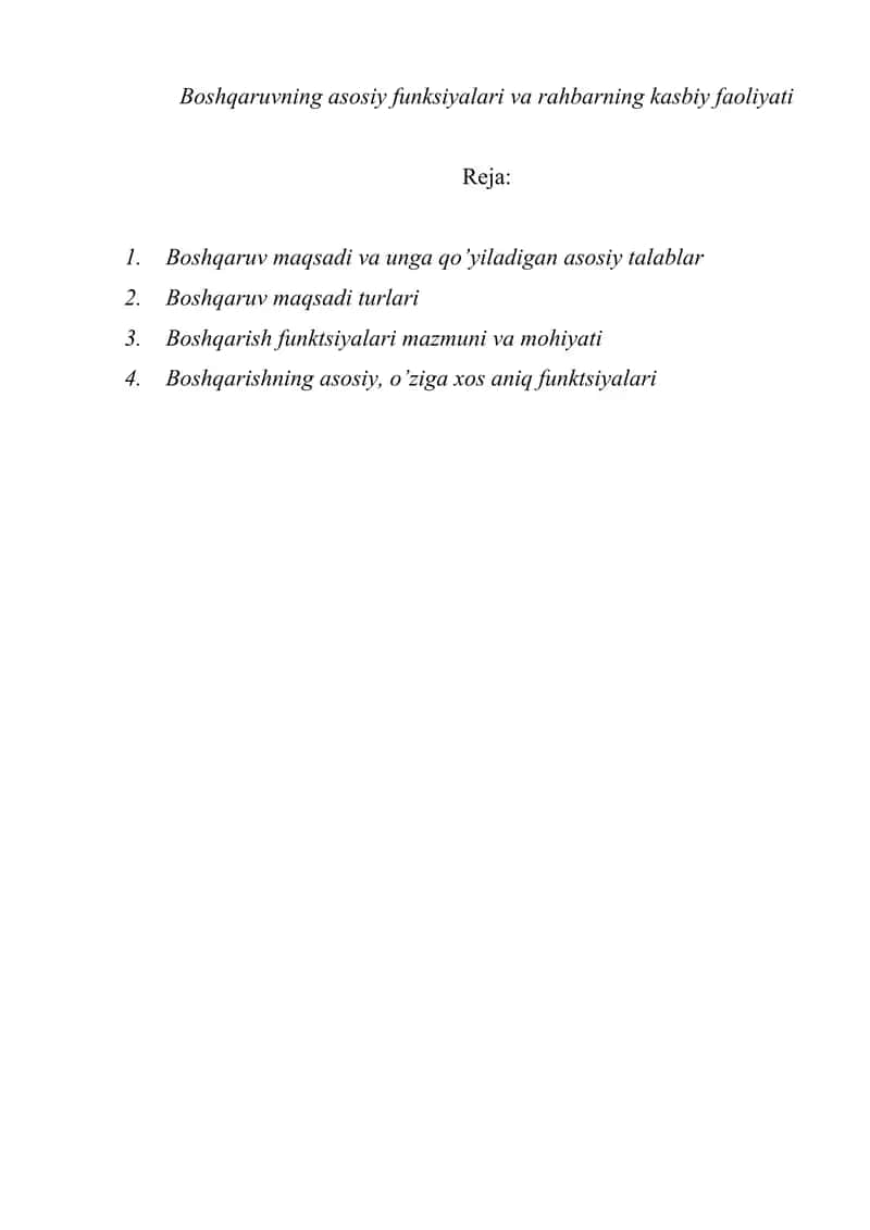 Boshqaruvning asosiy funksiyalari va rahbarning kasbiy faoliyati 1