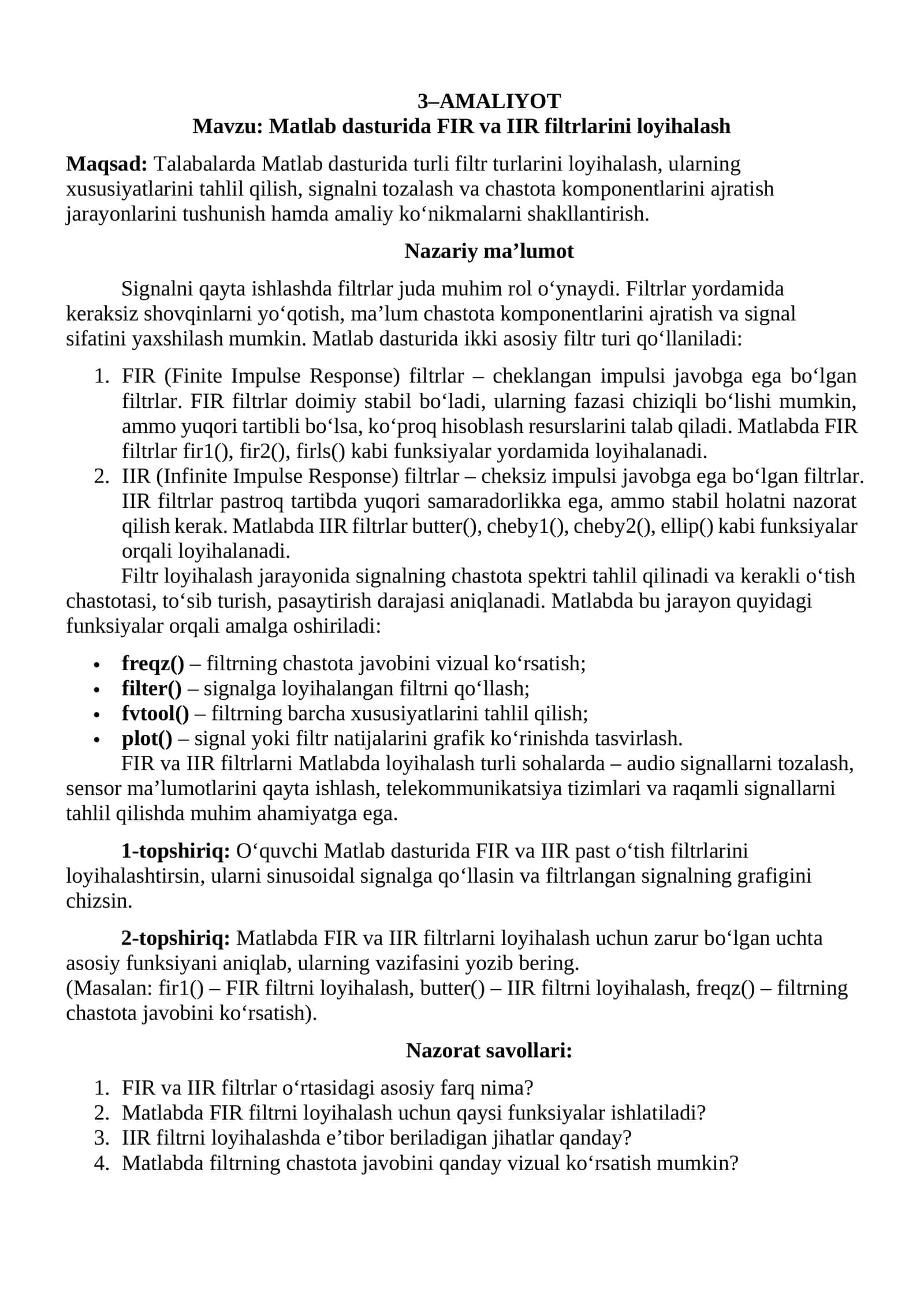 MATLAB dasturida FIR va IIR filtrlarini loyihalash 1