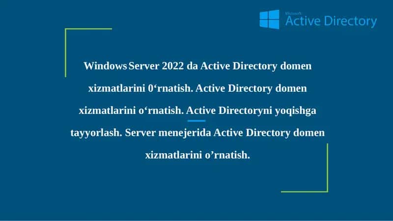 Windows Server 2022 da Active Directory domen xizmatlarini 0‘rnatish. Active Directory domen xizmatlarini o‘rnatish. Active Directoryni yoqishga tayyorlash. Server menejerida Active Directory domen xizmatlarini o’rnatish. 1