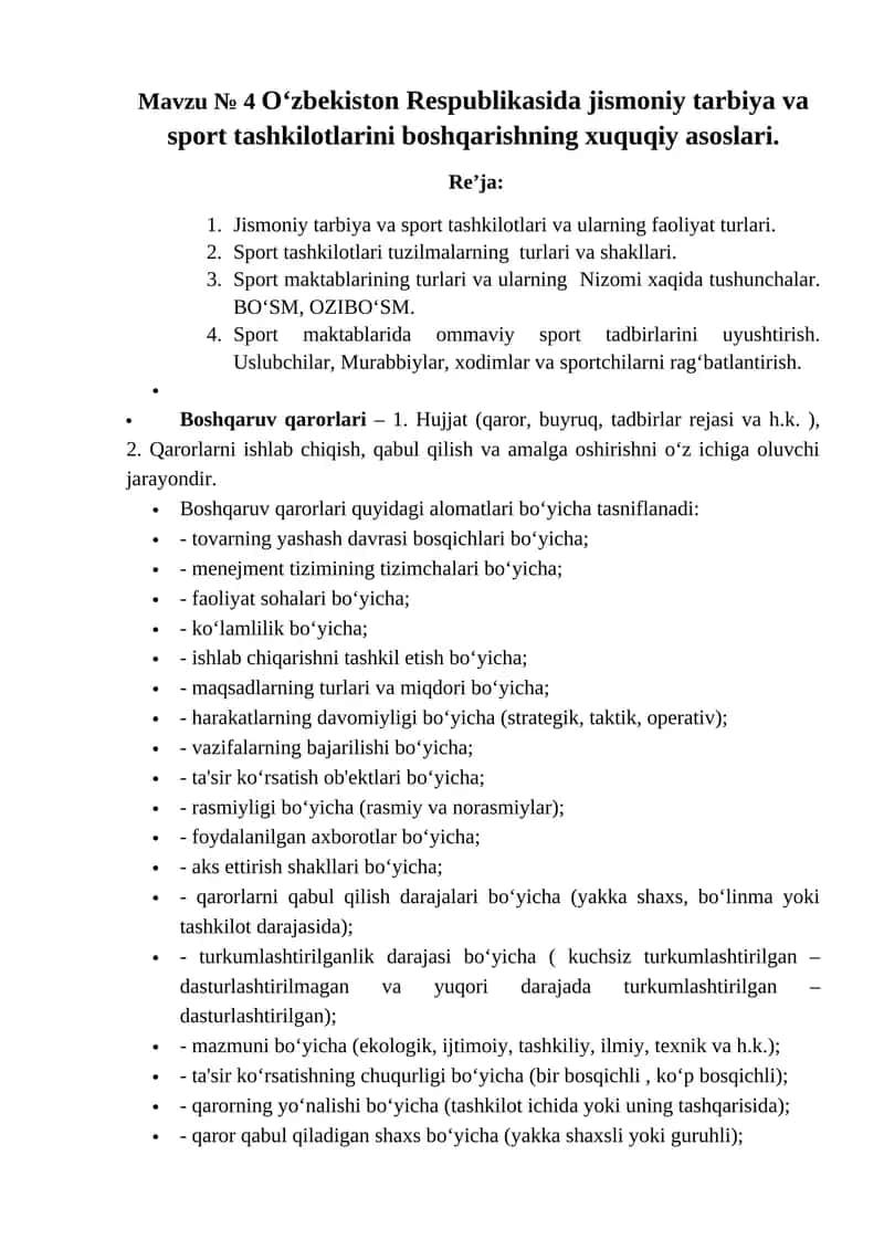 Mavzu № 4 O‘zbekiston Respublikasida jismoniy tarbiya va sport tashkilotlarini boshqarishning xuquqiy asoslari 1