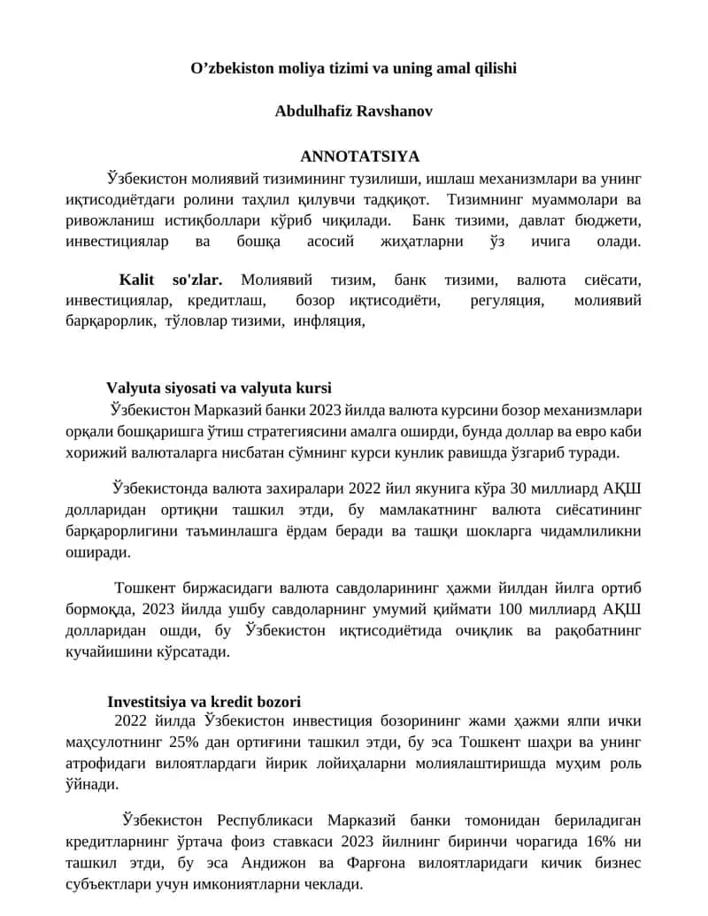 O’zbekiston moliya tizimi va uning amal qilishi 1