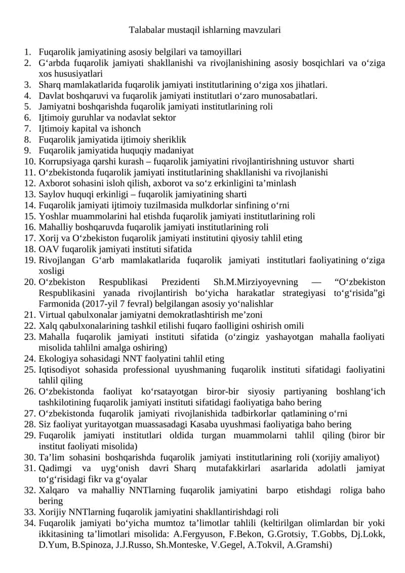Talabalar mustaqil ishlarning mavzulari 1