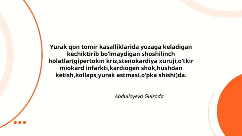 Yurak qon tomir kasalliklarida yuzaga keladigan kechiktirib boʻlmaydigan shoshilinch holatlar 1