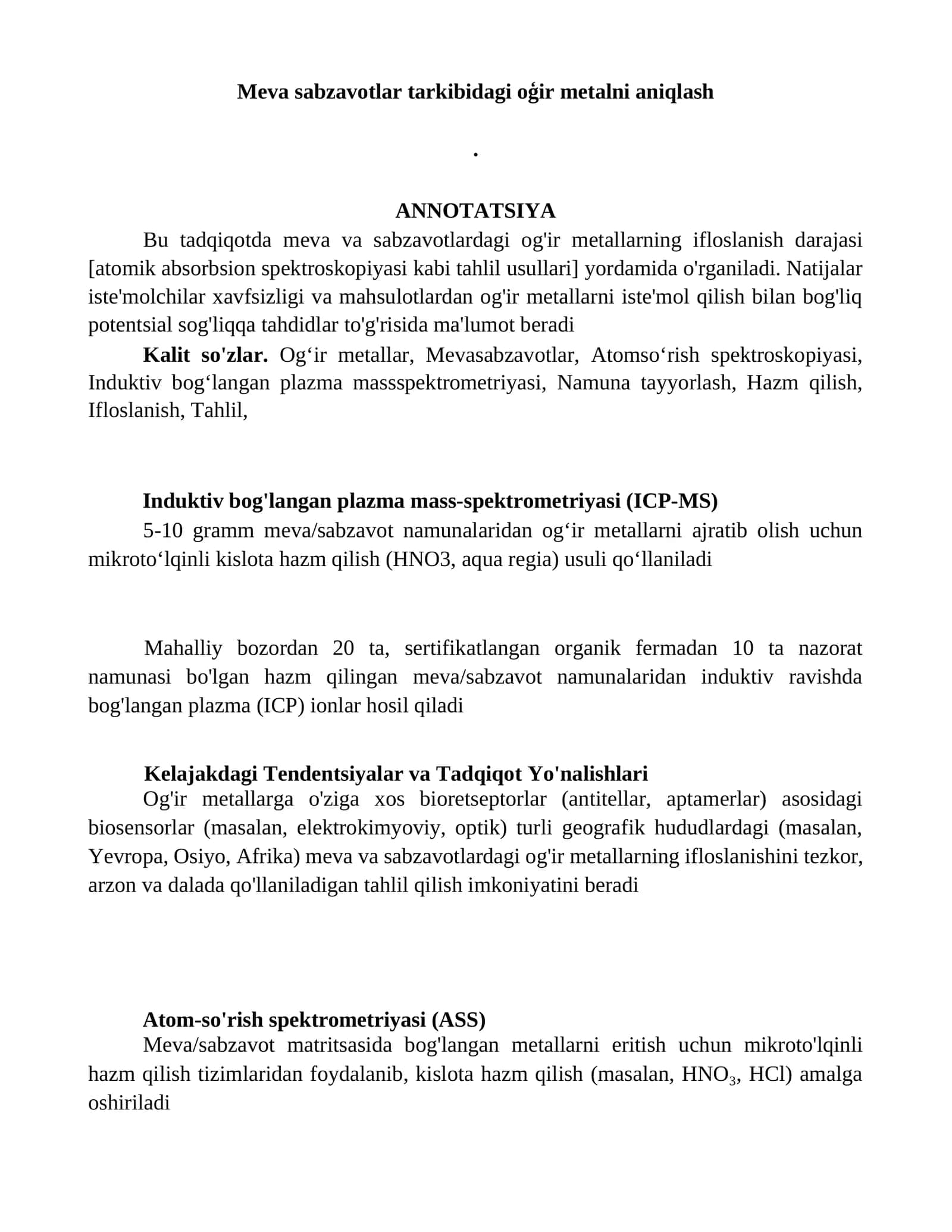 Meva sabzavotlar tarkibidagi oģir metalni aniqlash 1