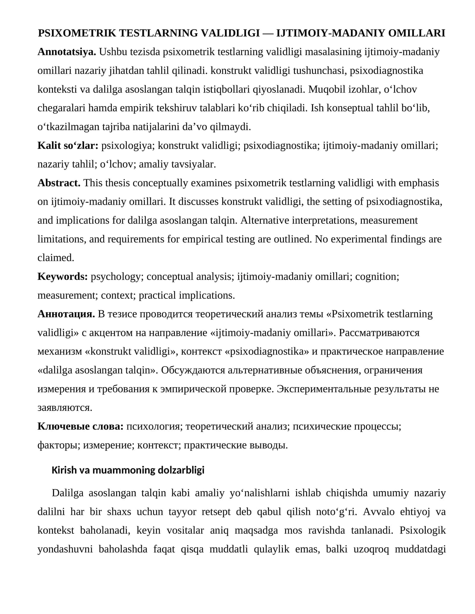 PSIXOMETRIK TESTLARNING VALIDLIGI — IJTIMOIY-MADANIY OMILLARI 1