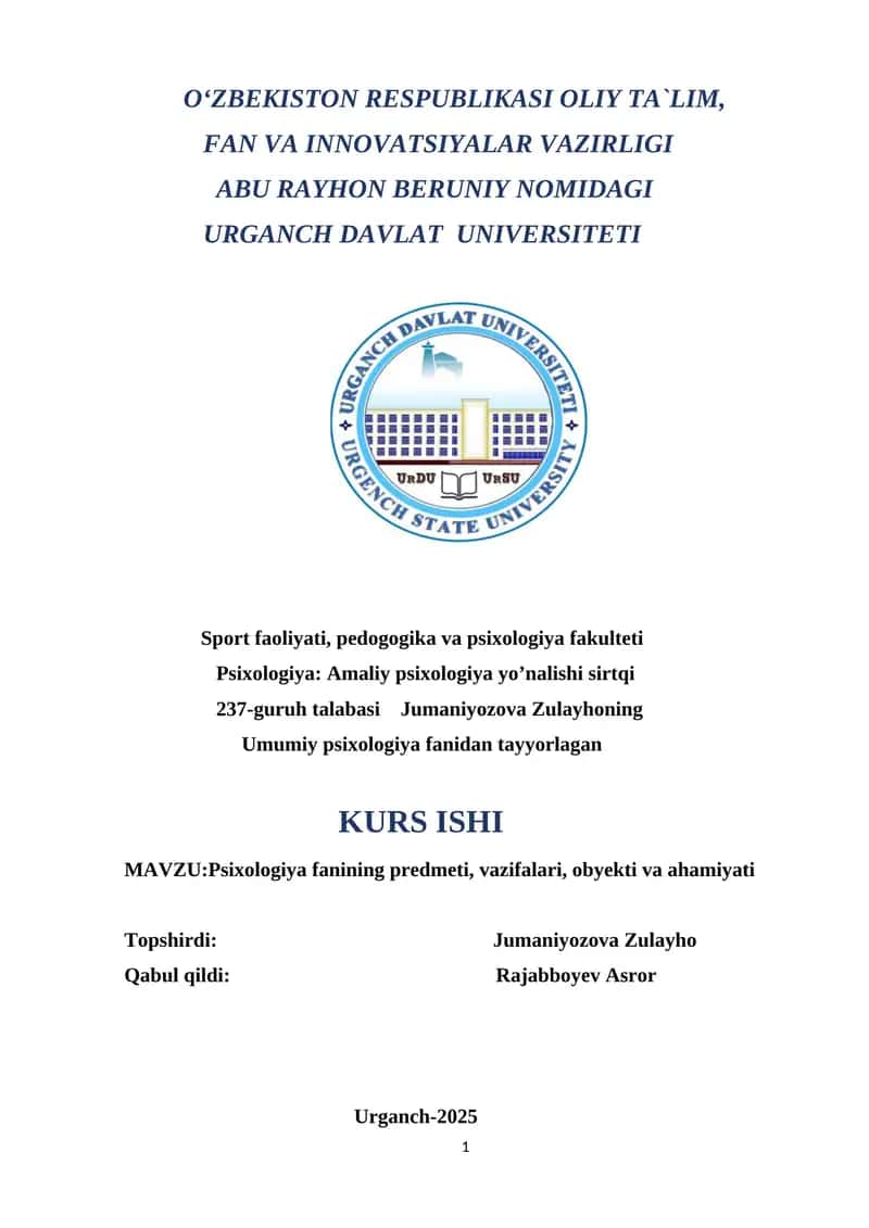 Psixologiya fanining predmeti, vazifalari, obyekti va ahamiyati 1