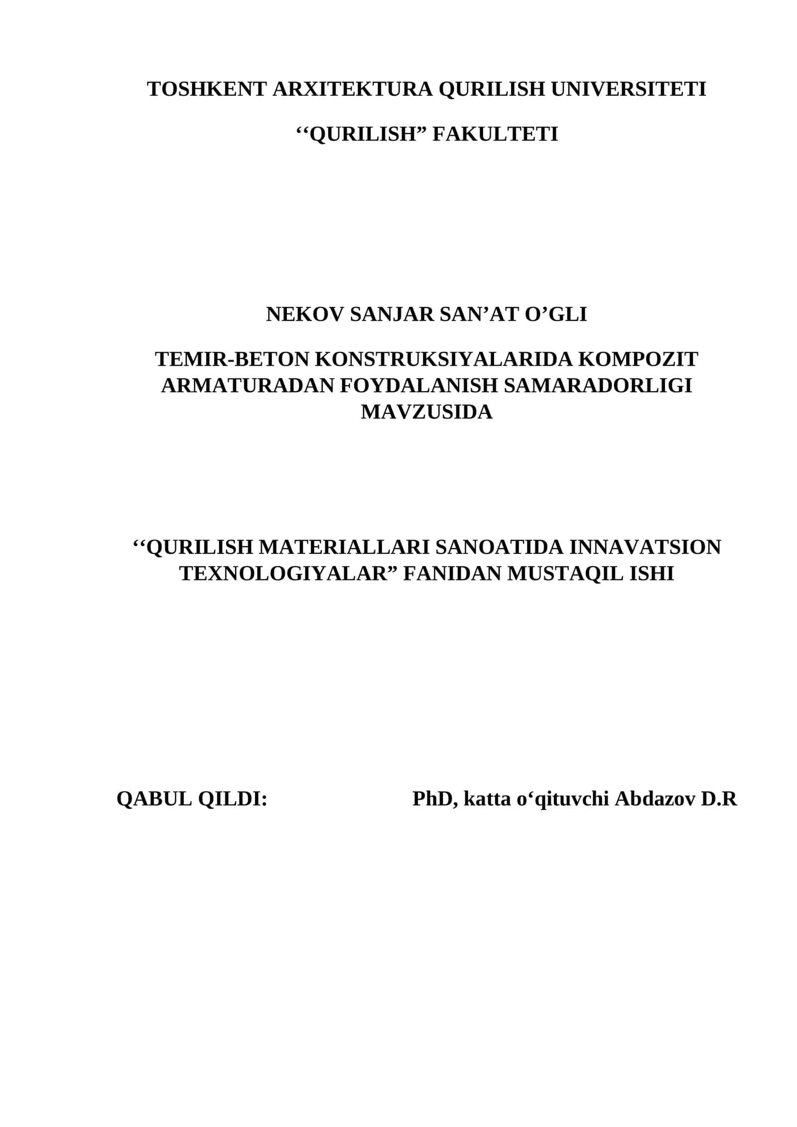 TEMIR-BETON KONSTRUKSIYALARIDA KOMPOZIT ARMATURADAN FOYDALANISH SAMARADORLIGI MAVZUSIDA 1
