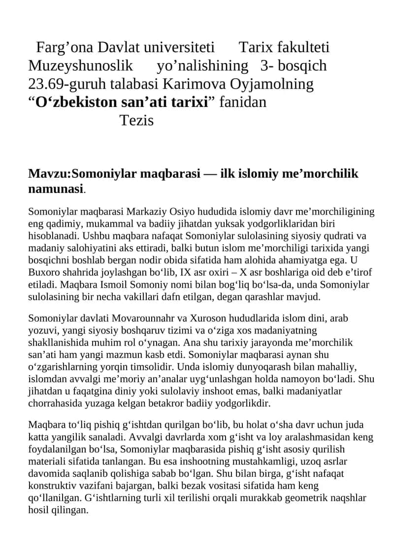 Somoniylar maqbarasi — ilk islomiy me’morchilik namunasi. 1