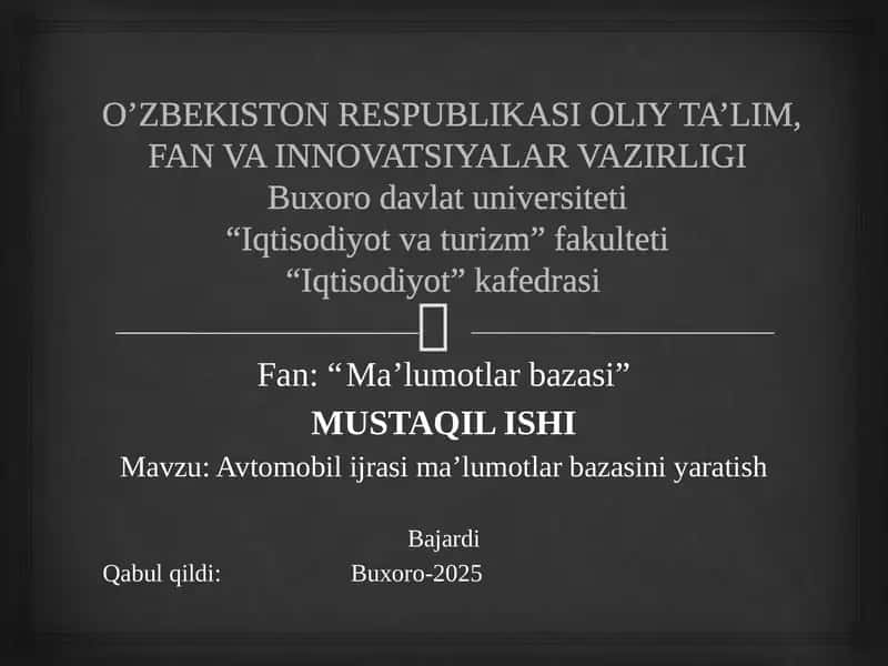 Avtomobilij rasmi ma'lumotlar bazasini yaratish 1