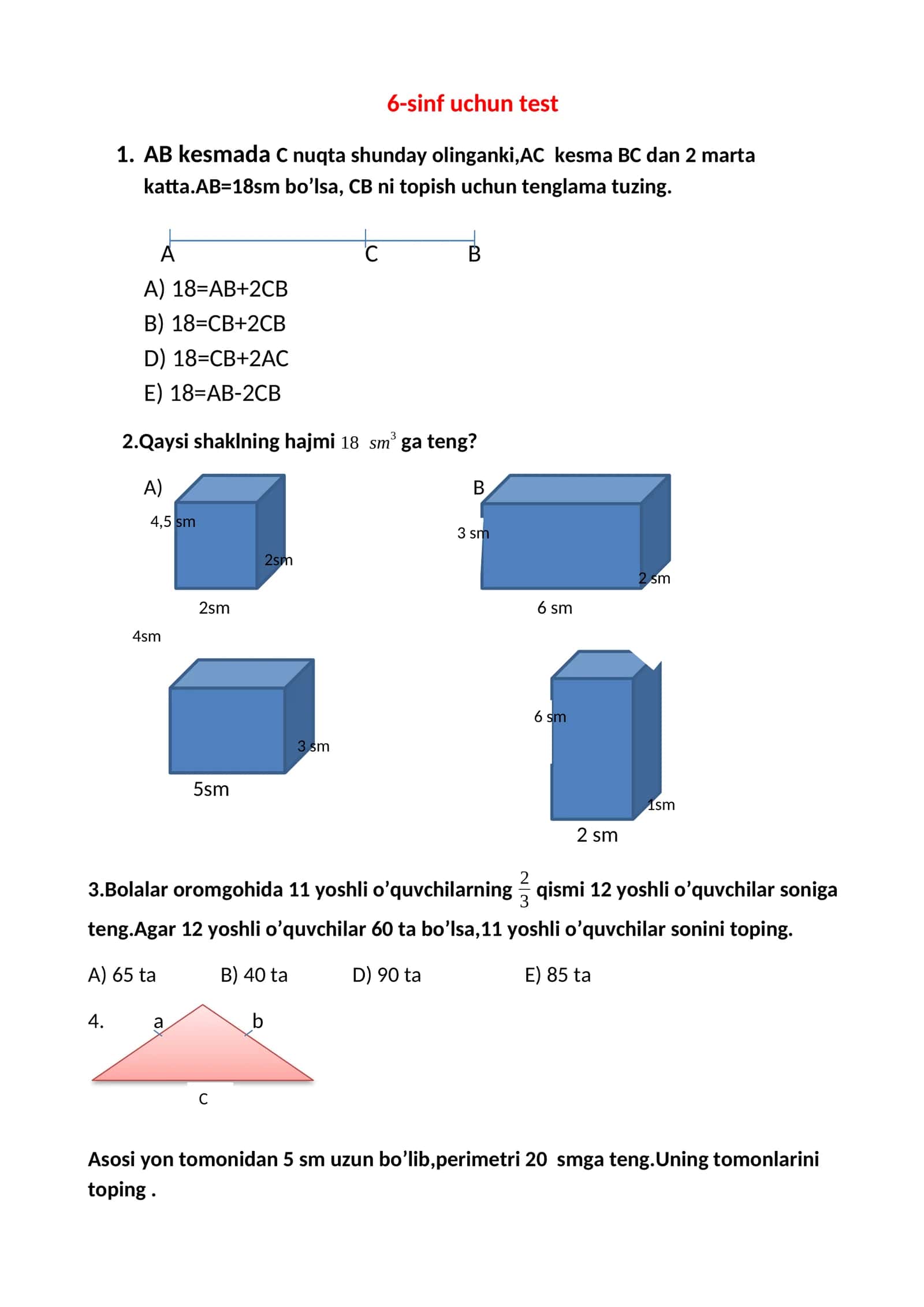 6-sinf uchun test 1