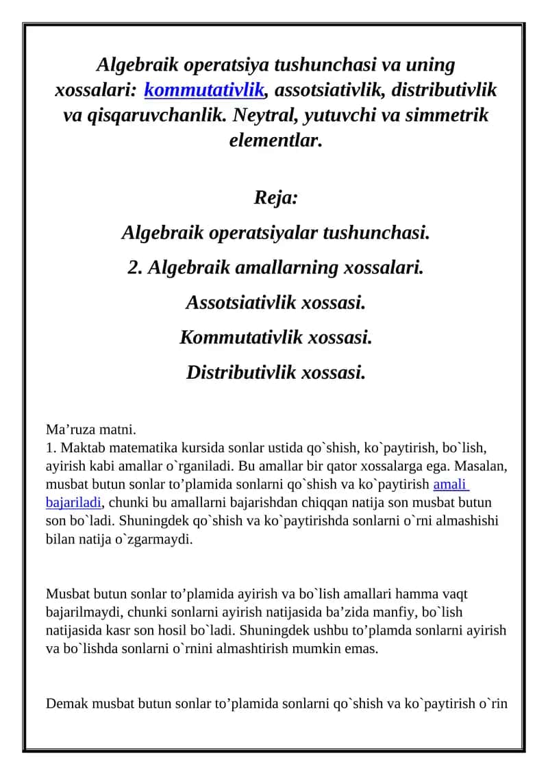 Algebraik operatsiyalar 1
