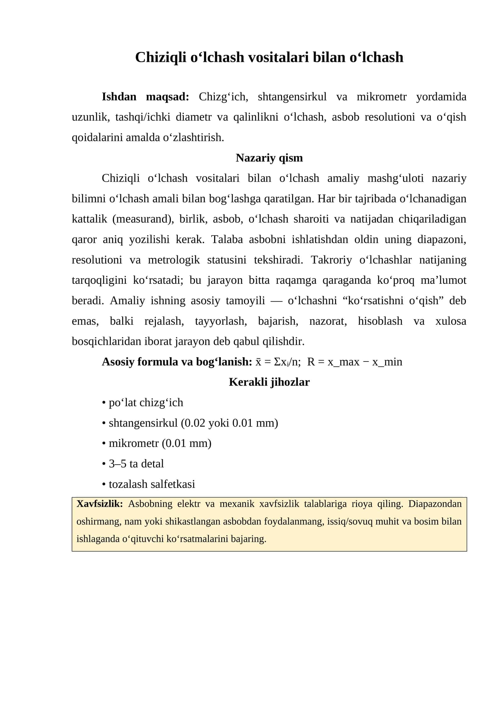 Chiziqli o‘lchash vositalari bilan o‘lchash 1