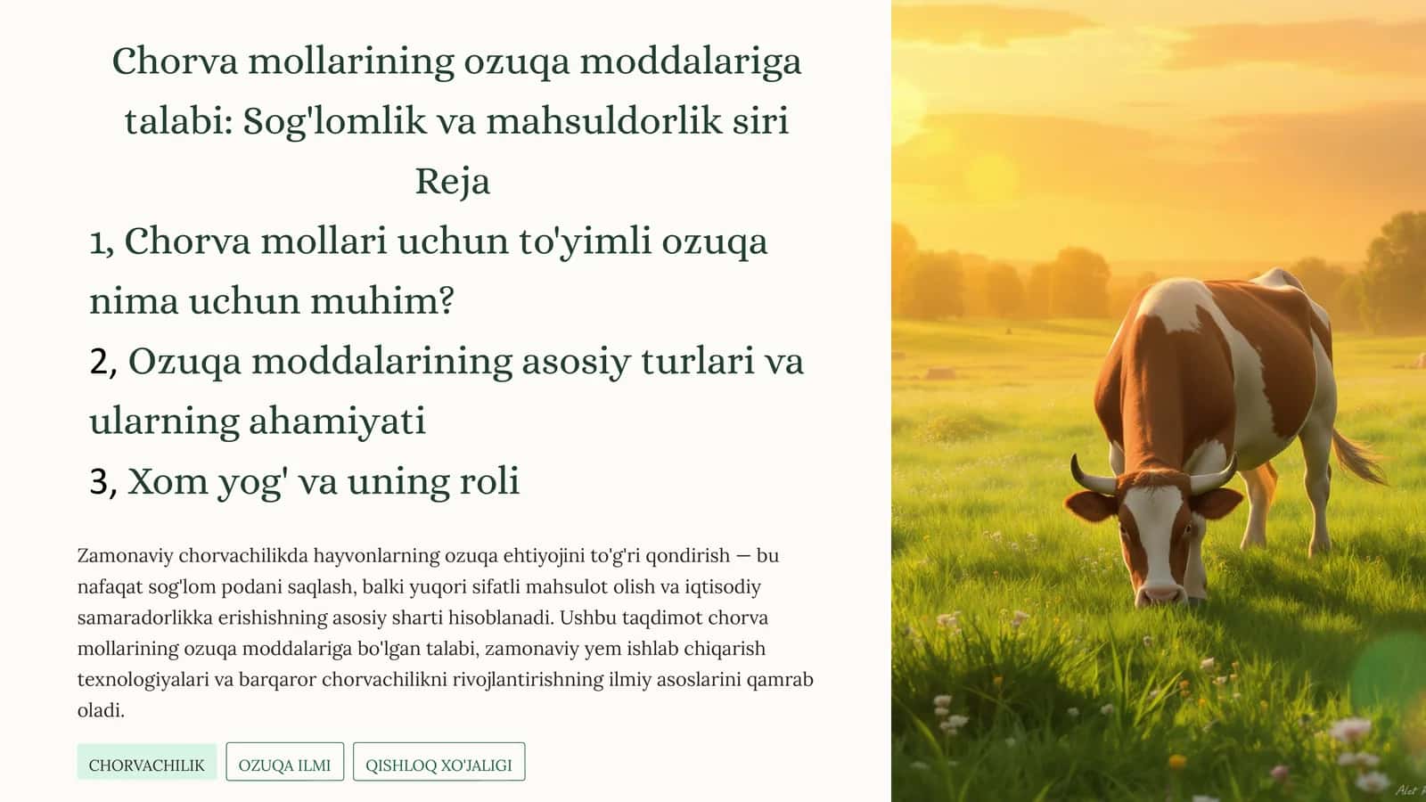 Chorva mollarining ozuqa moddalariga talabi: Sog'lomlik va mahsuldorlik siri 1