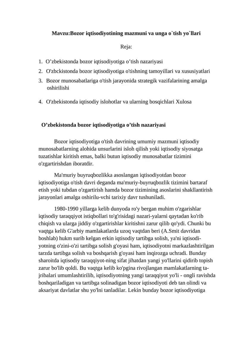 Bozor iqtisodiyotining mazmuni va unga o`tish yo`llari 1