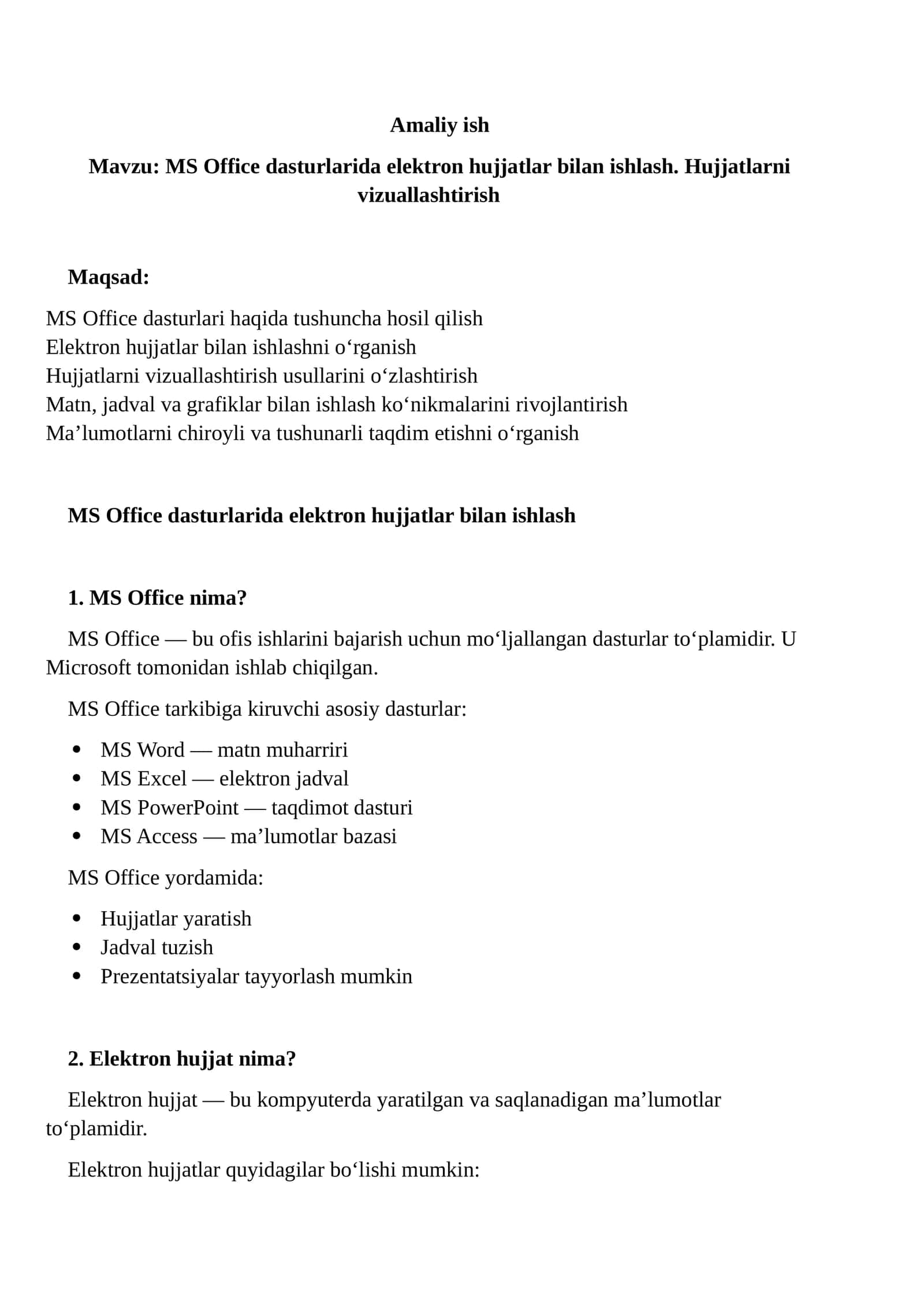 MS Office dasturlarida elektron hujjatlar bilan ishlash. Hujjatlarni vizuallashtirish 1