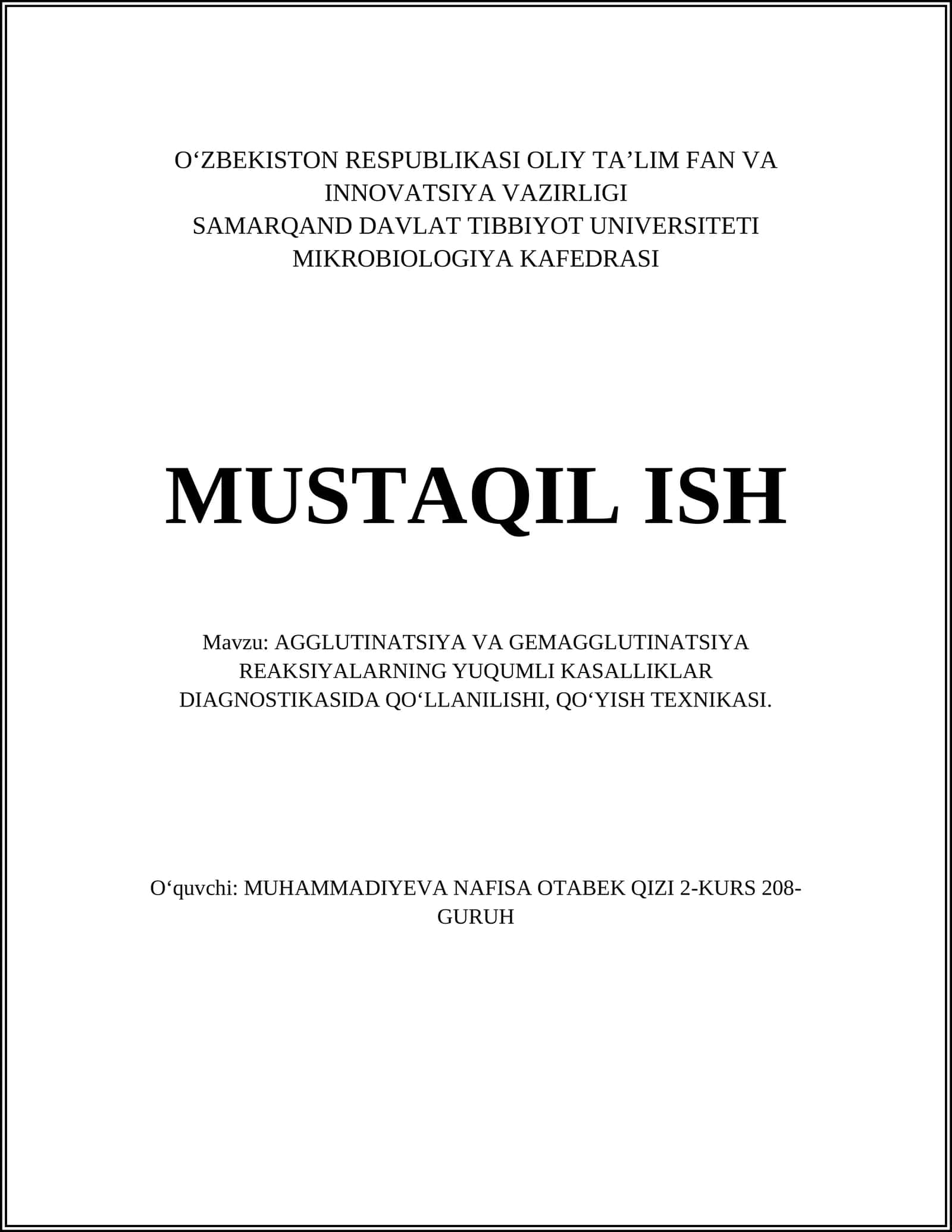 AGGLUTINATSIYA VA GEMAGGLUTINATSIYA REAKSIYALARNING YUQUMLI KASALLIKLAR DIAGNOSTIKASIDA QO‘LLANILISHI, QO‘YISH TEXNIKASI 1