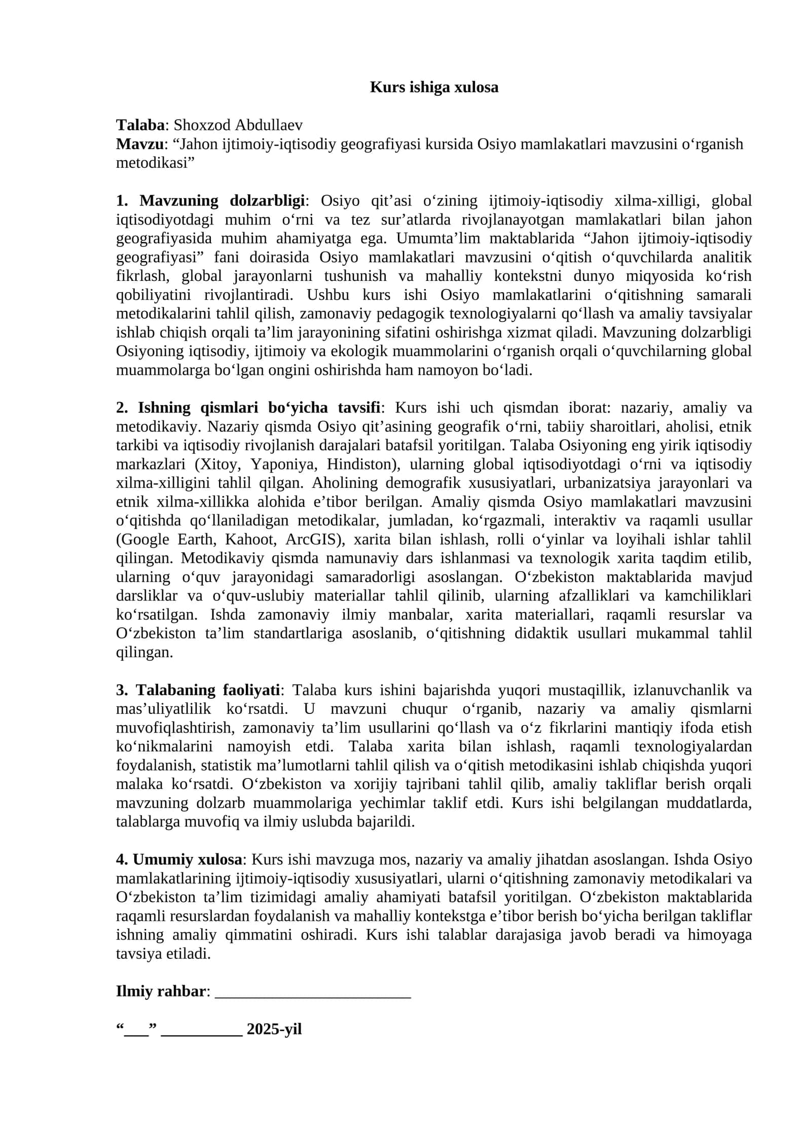 Jahon ijtimoiy-iqtisodiy geografiyasi kursida Osiyo mamlakatlari mavzusini o‘rganish metodikasi 1