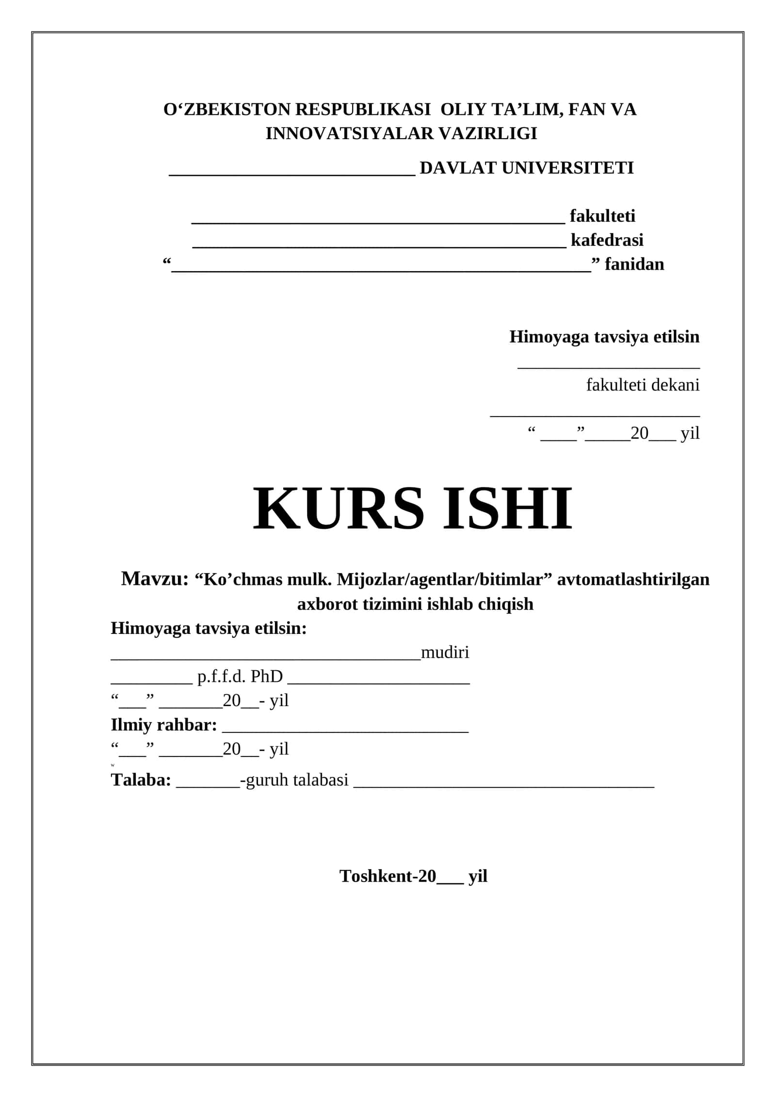 “Ko’chmas mulk. Mijozlar/agentlar/bitimlar” avtomatlashtirilgan axborot tizimini ishlab chiqish 1