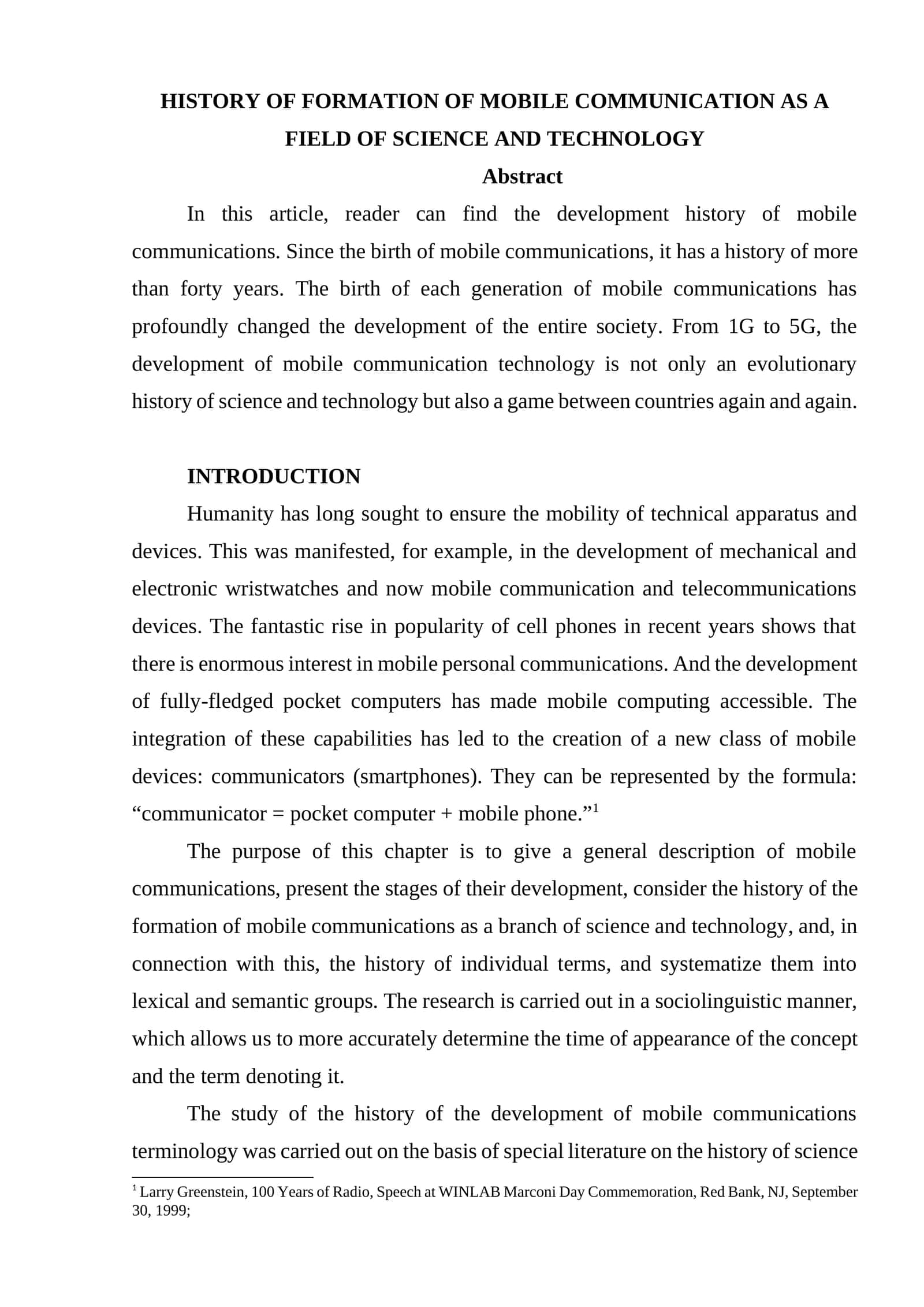 HISTORY OF FORMATION OF MOBILE COMMUNICATION AS A FIELD OF SCIENCE AND TECHNOLOGY 1