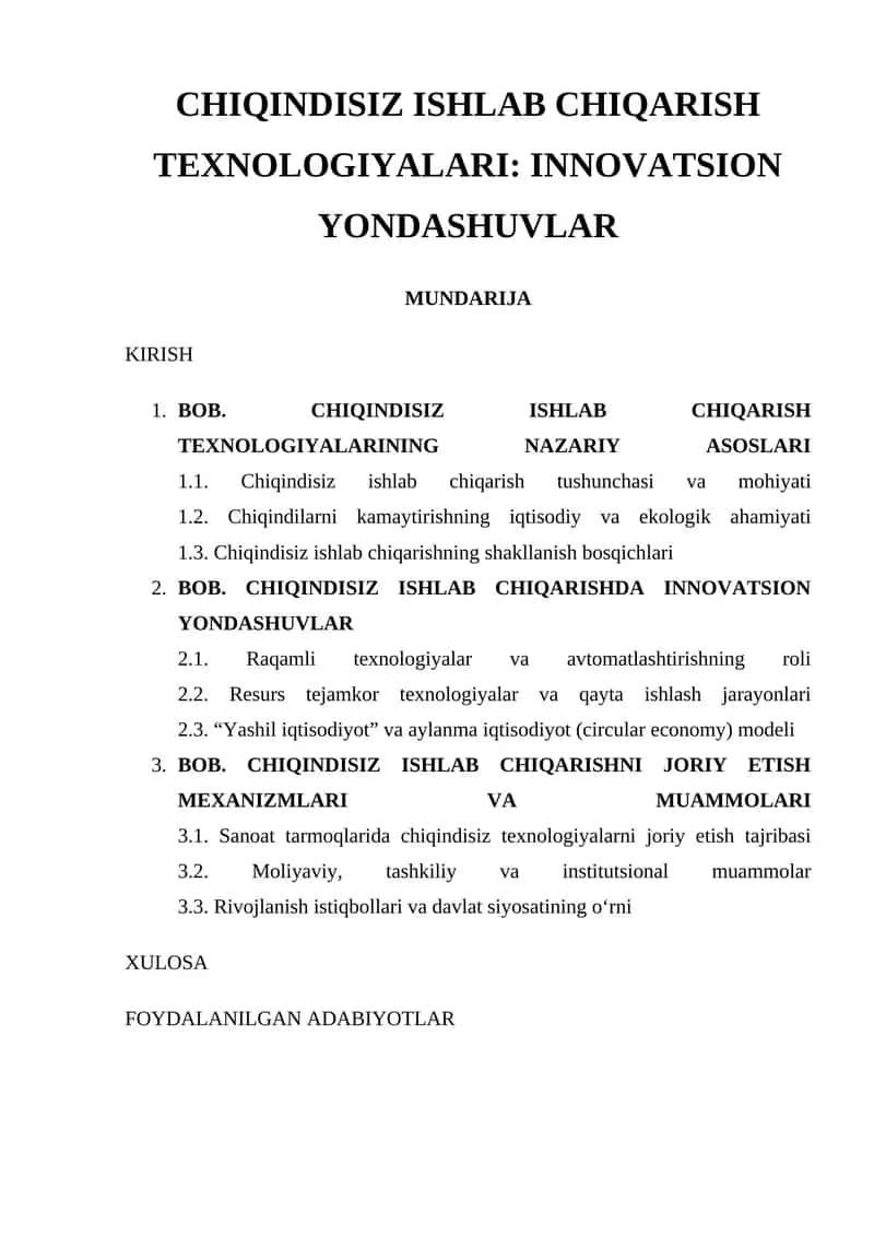 CHIQINDISIZ ISHLAB CHIQARISH TEXNOLOGIYALARI: INNOVATSION YONDASHUVLAR 1