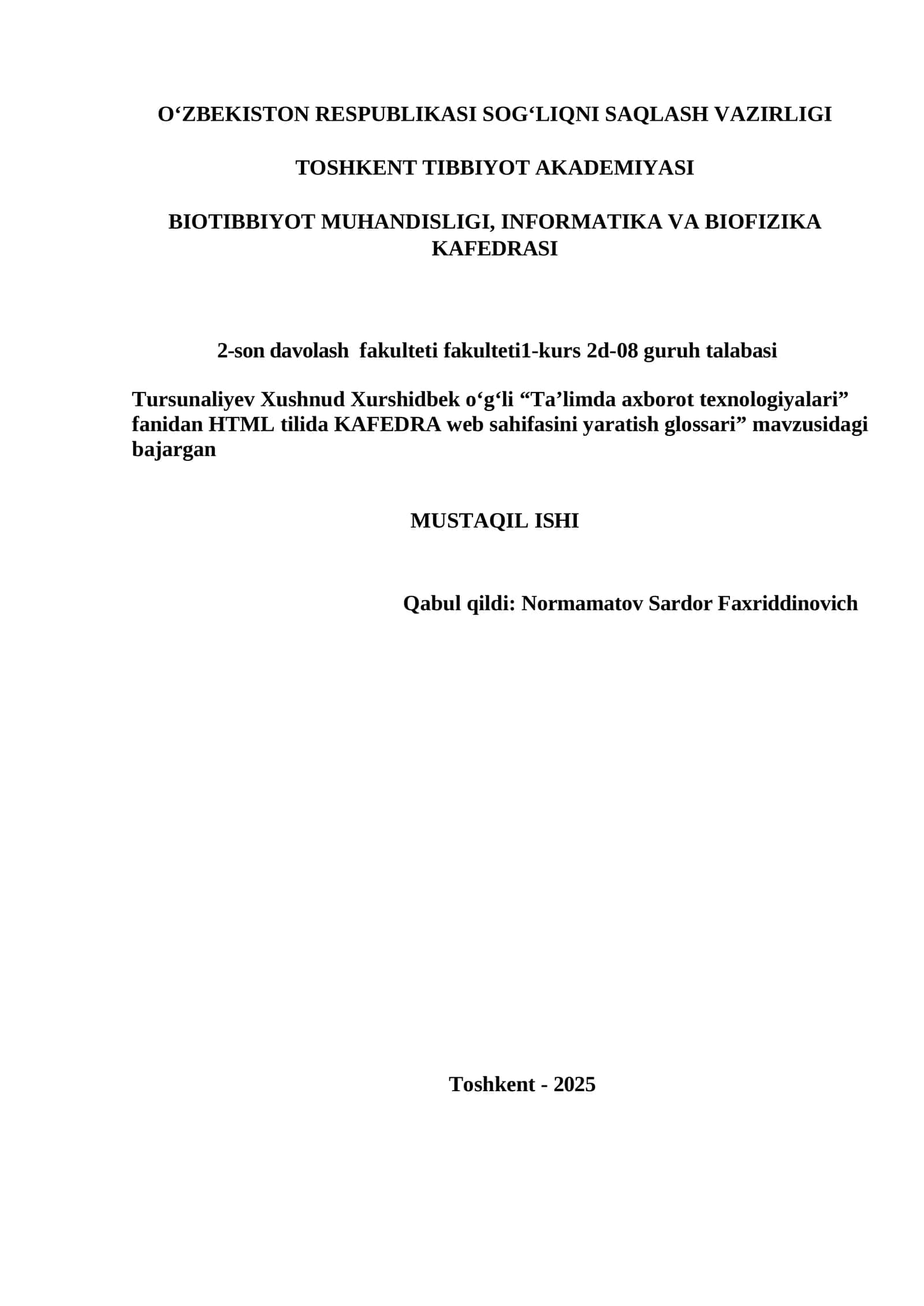 Ta'limda axborot texnologiyalari” fanidan HTML tilida KAFEDRA web sahifasini yaratish glossari” 1