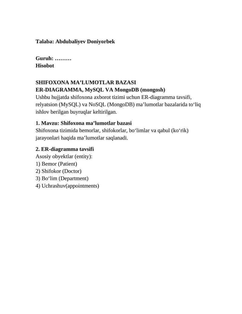 SHIFOXONA MA'LUMOTLAR BAZASI 1