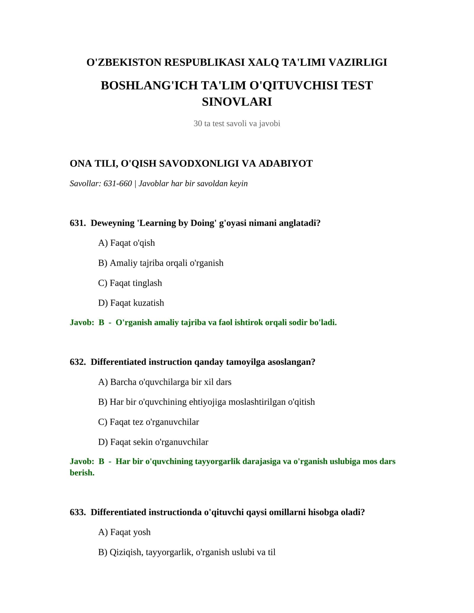 BOSHLANG'ICH TA'LIM O'QITUVCHISI TEST SINOVLARI 1