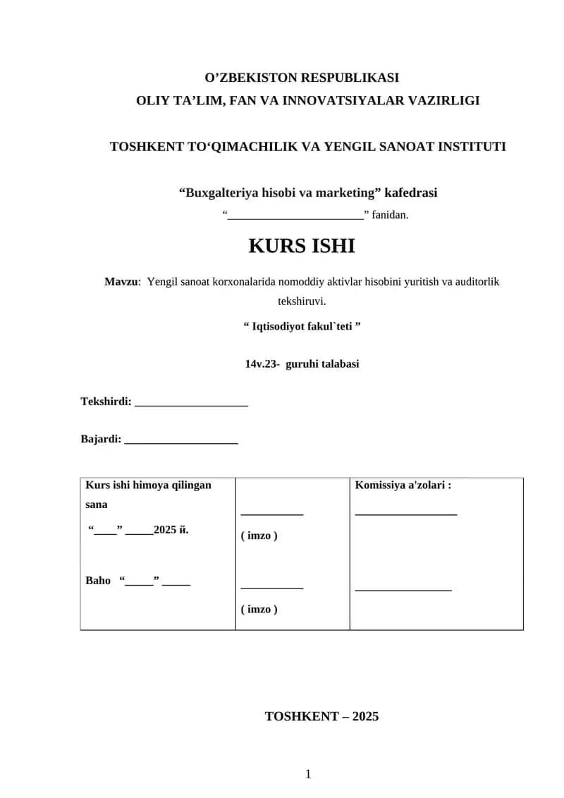 Yengil sanoat korxonalarida nomoddiy aktivlar hisobini yuritish va auditorlik tekshiruvi 1